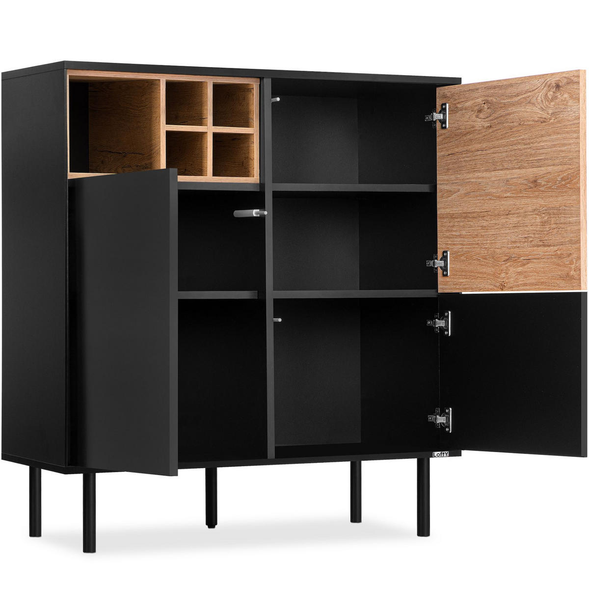 KOMMODE LOFTY Weineinlage, schwarz / Eiche natur - Eichefarben/Multicolor, Holzwerkstoff (102/109/41cm) - KONSIMO®