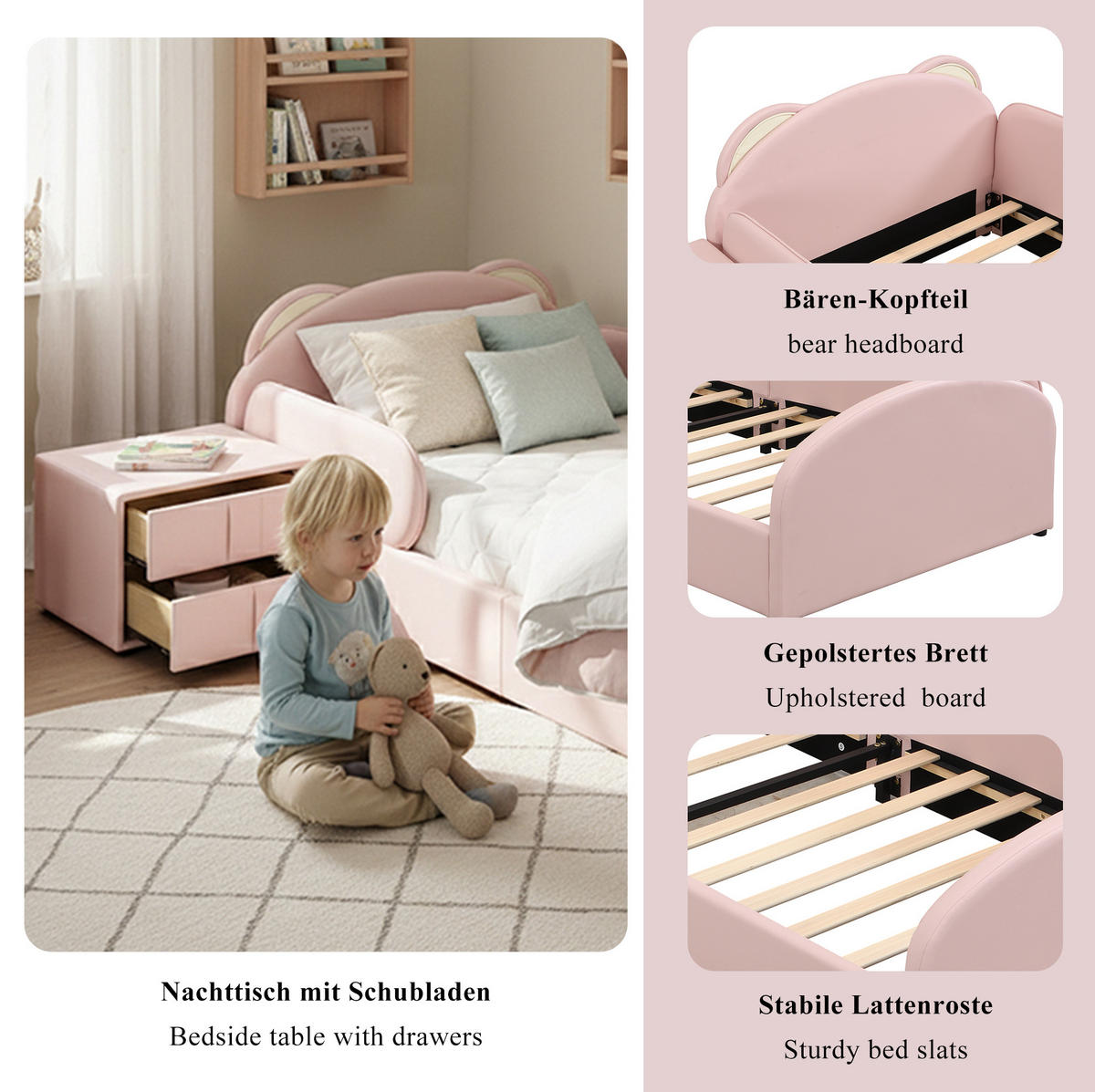 DETSKÁ posteľ 90/200 cm ružová s medvedím čelom a nočným stolíkom z PU a preglejky - ružová, textil (90/200cm) - OKWISH