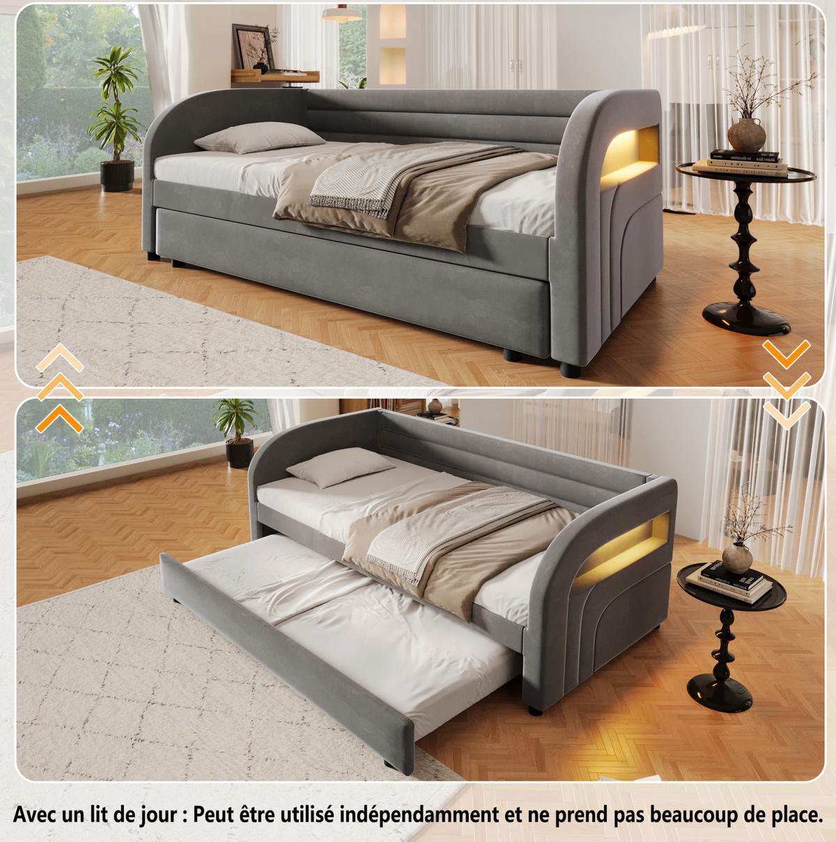 BETT 90/200 cm in Grau mit LED-Beleuchtung und Bett - Grau, Textil (90/200cm) - Flora Grace