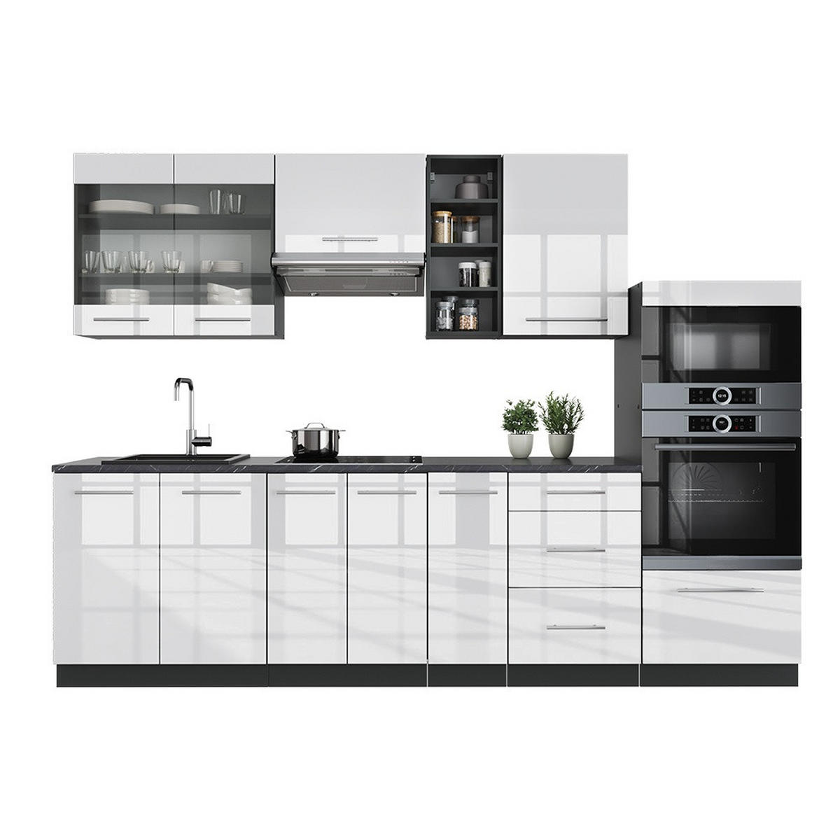 KUHINJSKI BLOK Fame-Line Bela barva visokega sijaja/antracit 280 cm brez delovne plošče - bela/visoki sijaj, leseni material (280/81.6/46cm) - Vicco