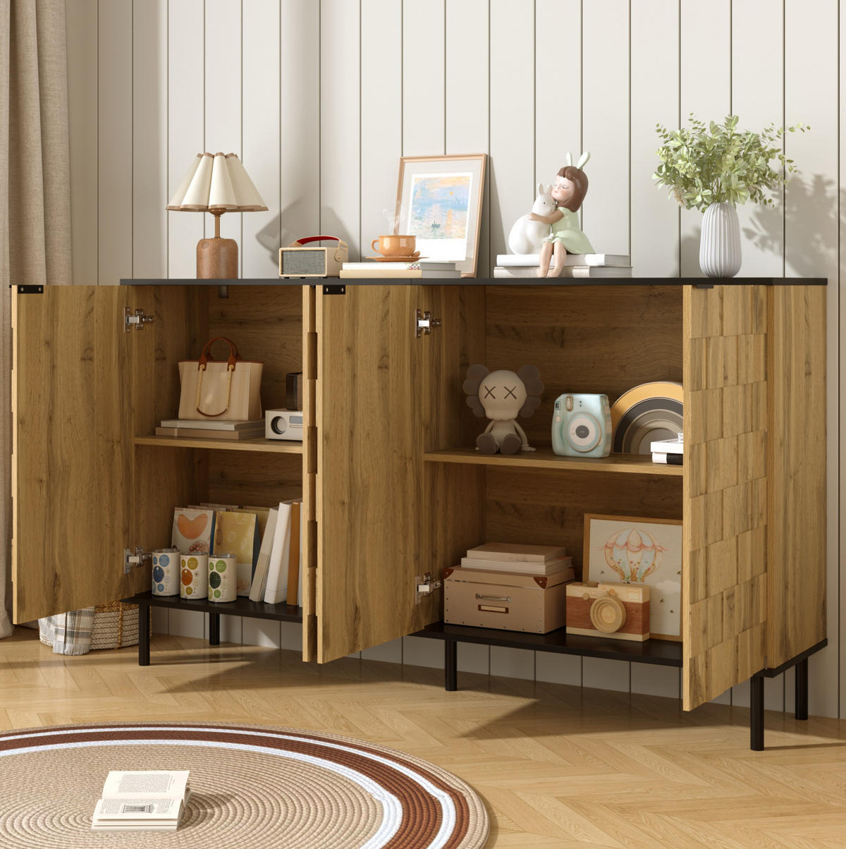 SIDEBOARD aus Spanplatte 160x35x80,5 cm Natur/Schwarz mit 2 Türen, festen Fächern und Mosaikfront - Naturfarben, Holzwerkstoff (160/80/35cm) - Modfu