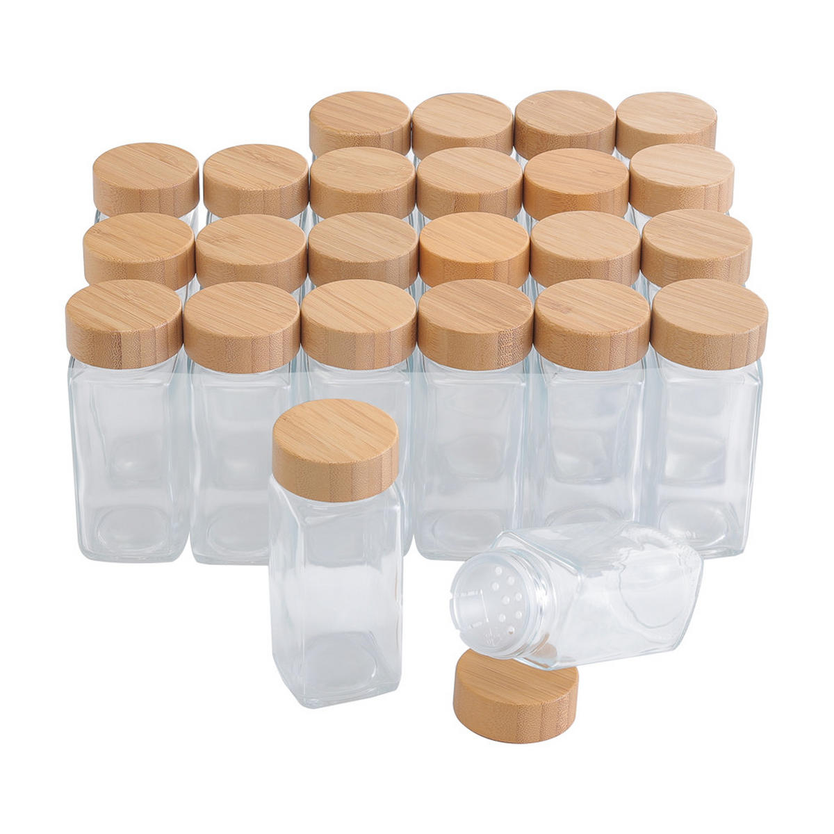 GEWÜRZGLAS-SET 12 Stück mit Bambusdeckel und 120ml Fassungsvermögen Glas/Bambus 4.5/4.5/10.5cm - Weiß, Glas/Holz (4.5/10.5/4.5cm) - Livingandhome