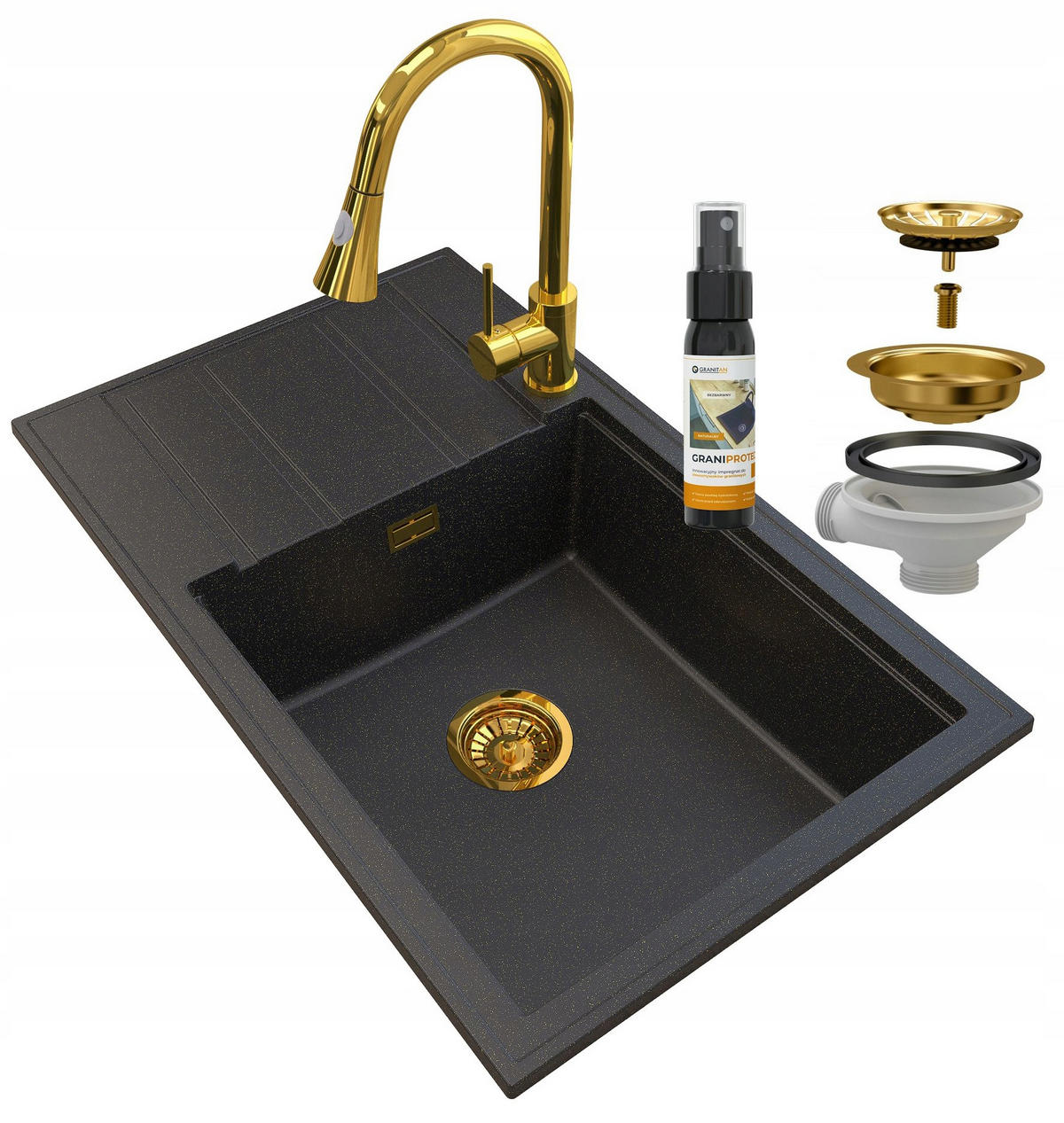 GRANITSPÜLE Louis mit Siphon Batterie - Schwarz, Kunststoff/Stein (80/50/20cm) - Granitan
