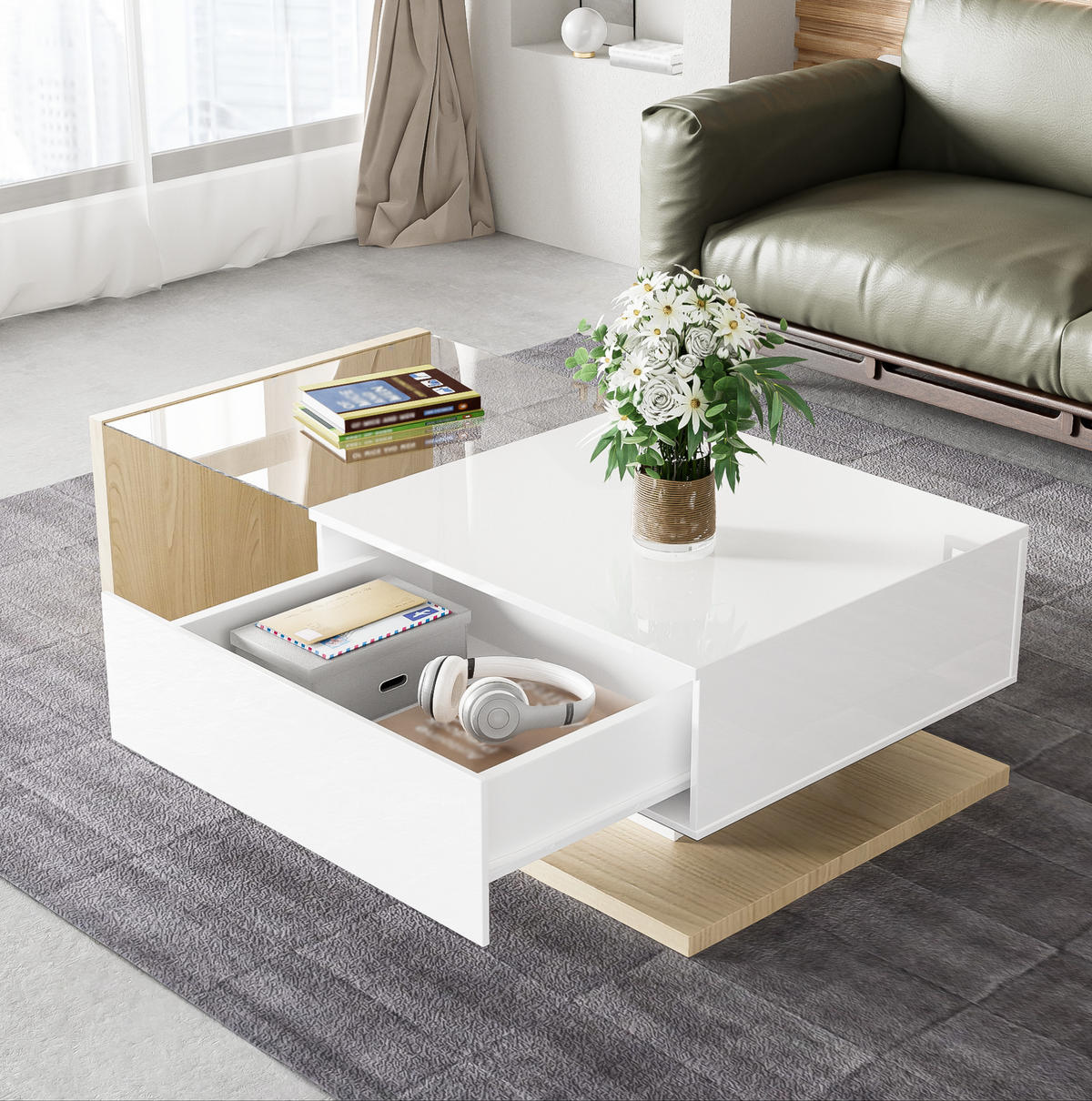 COUCHTISCH, Holzton/Hochglanz Weiß mit Glasplatte & 16-farbiger LED-Beleuchtung, 105/55/32,5 cm,Naturfarben - Naturfarben, Holzwerkstoff (55/105/32.5cm) - Redom
