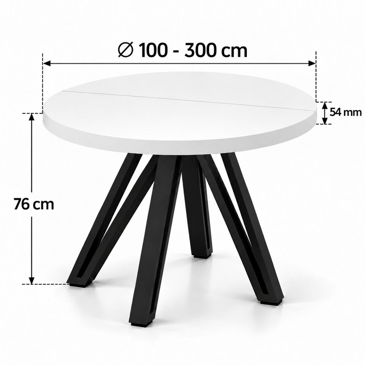 ESSTISCH rund ausziehbar 100/300/76 cm, Weiß, 54 cm Tischplatte + Industrial Metallgestell Schwarz - Schwarz/Weiß, Holzwerkstoff/Metall (100/300/76cm) - Damale Möbel
