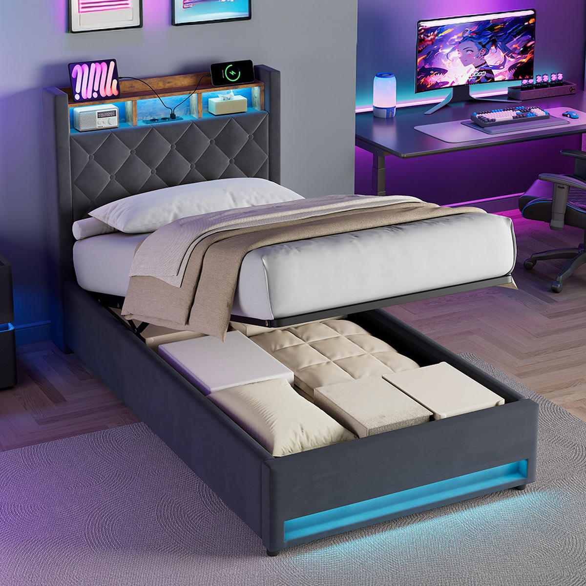 POLSTERBETT 90/200 cm in Grau, Samt, mit Bettkasten, USB, LED, ohne Matratze - Grau, Holzwerkstoff/Textil (90/200cm) - WISHDOR