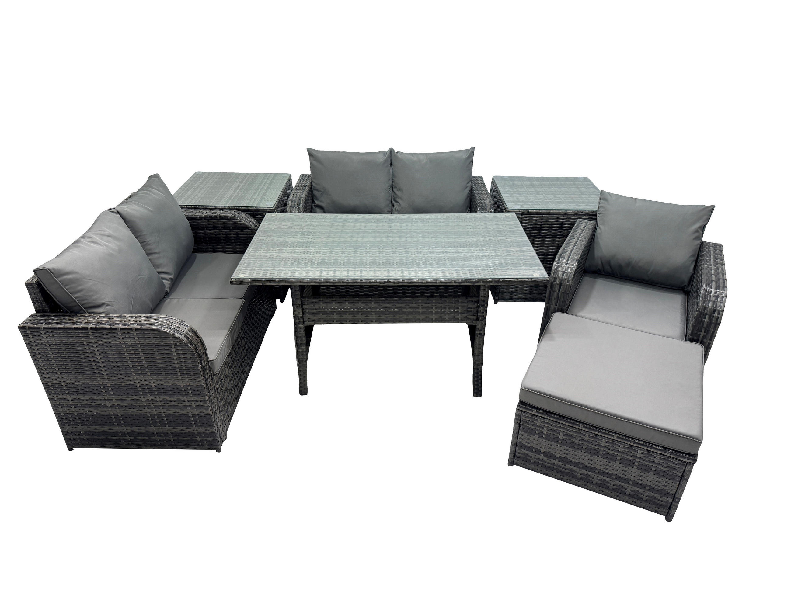 Gartenmöbelset mit Esstisch,Hockern,Beistelltisch Polyrattan Dunkelgrau 6-Sitzer - Dunkelgrau/Grau, Glas/Kunststoff - Fimous