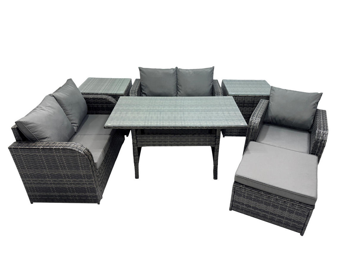 Gartenmöbelset mit Esstisch,Hockern,Beistelltisch Polyrattan Dunkelgrau 6-Sitzer - Dunkelgrau/Grau, Glas/Kunststoff - Fimous