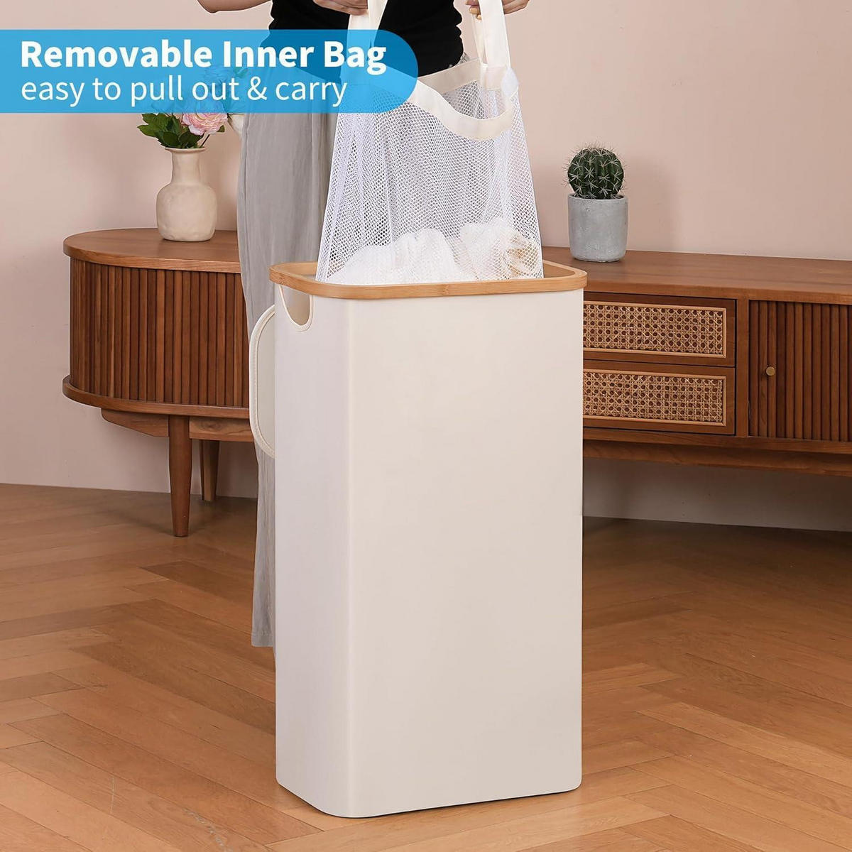 WÄSCHEKORB schmal 63L mit Deckel und herausnehmbarem Beutel Beige - Beige, Naturmaterialien (22/70/40cm)