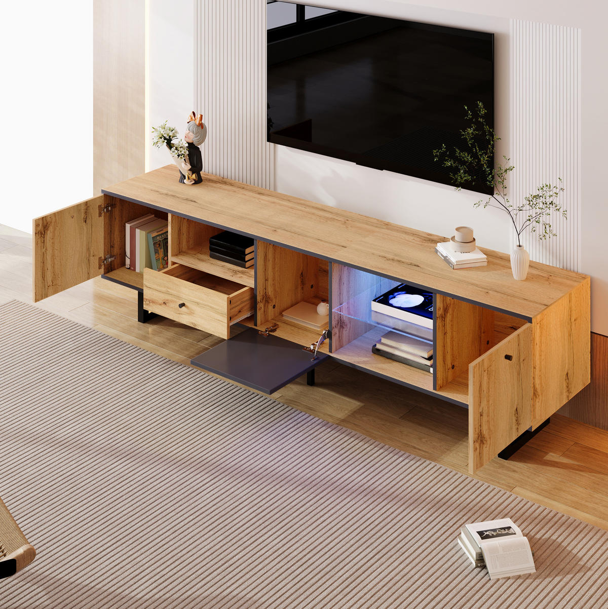 LOWBOARD 190/40/50 cm aus Spanplatte mit LED-Beleuchtung Naturfarben/Anthrazit - Naturfarben, Holzwerkstoff (190/50/40cm) - Modenvie