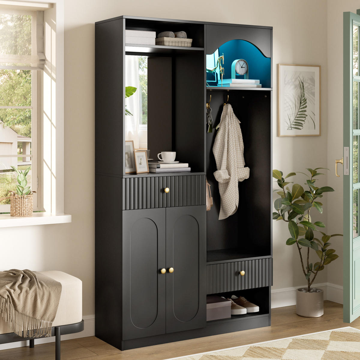 KOMPAKTGARDEROBE Spiegel Sitzbank Schuhschrank Haken LED - Schwarz, Holzwerkstoff (100/180/35cm) - FLIEKS
