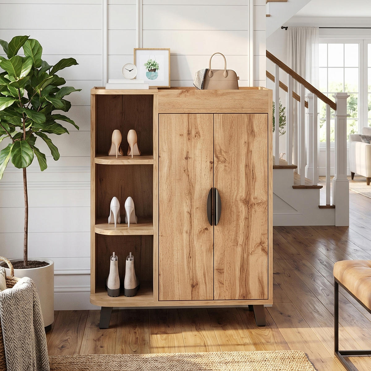 SCHUHSCHRANK in Naturholz-Optik, mit offenen Fächern und oberer Ablage - Naturfarben, Holzwerkstoff (80/99/32cm) - Urban Meuble