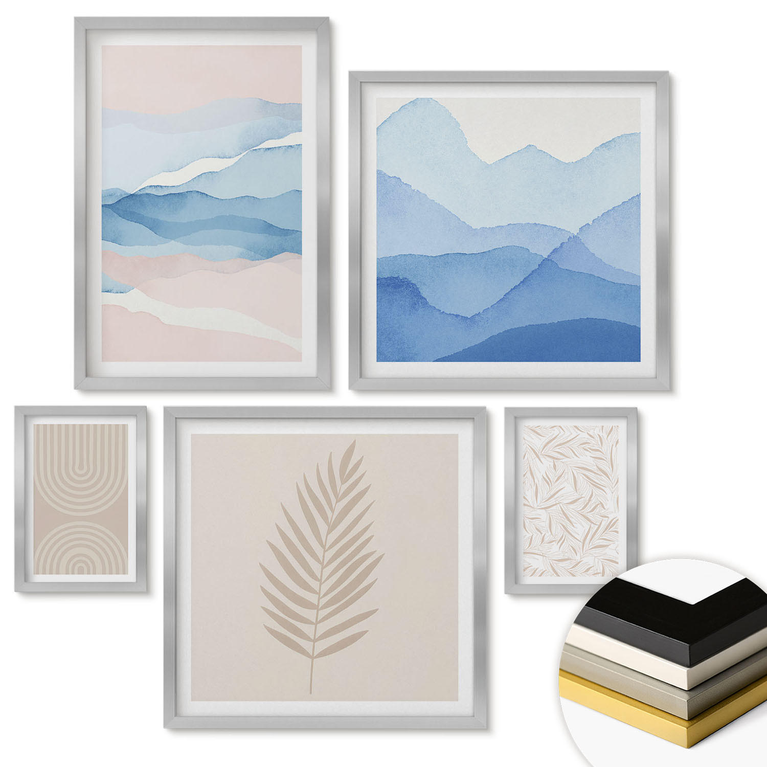 WANDBILDER 5er Set - 50x50 cm & 20x30 cm & 40x60 cm Silberner Rahmen - Blätterwellen beige blau - Silberfarben, Kunststoff (40/60cm) - ArtPrintCave