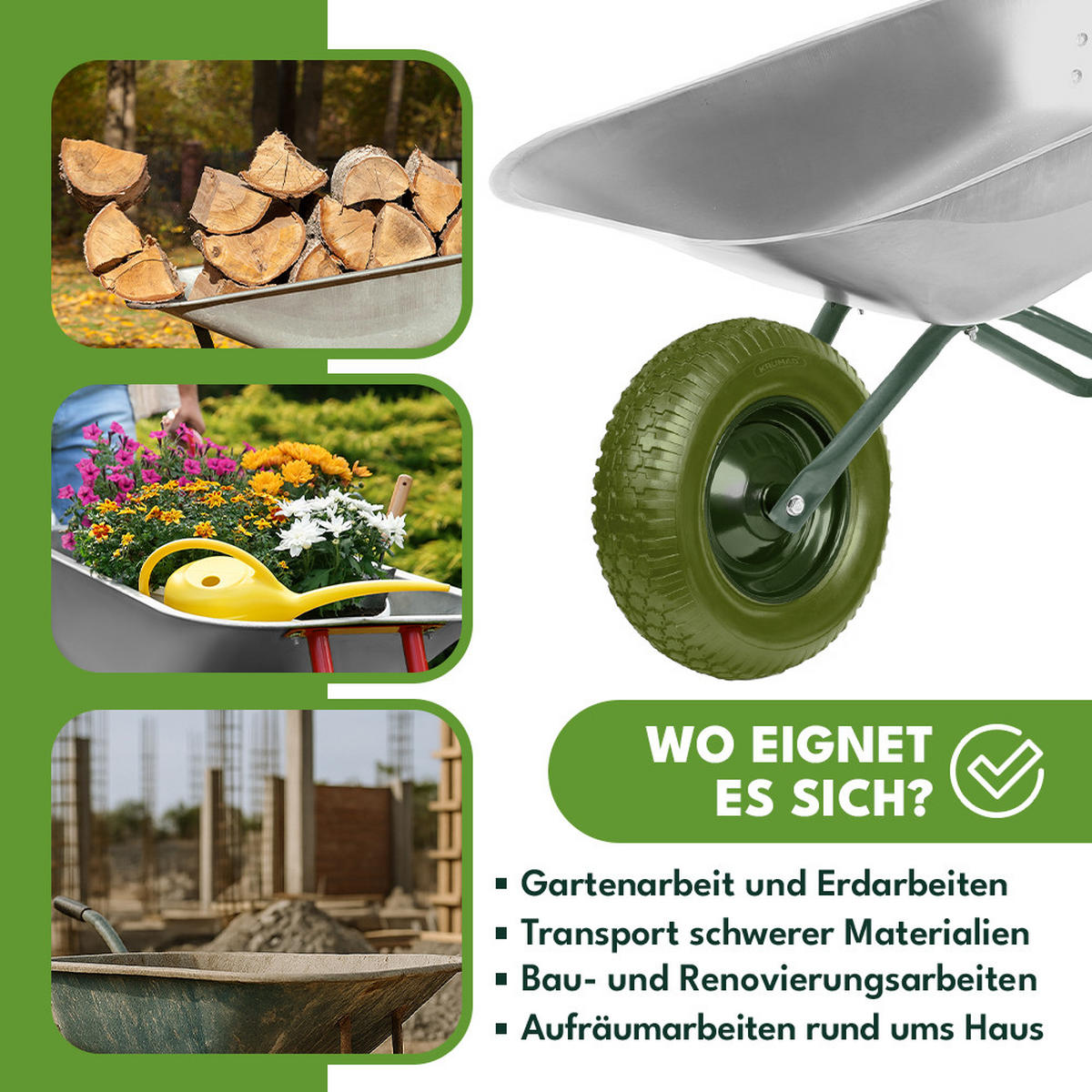 SCHUBKARRENRAD Luftreifen mit Schlauch Grün - Grün, Kunststoff (39/39/9.5cm) - KRUMAD