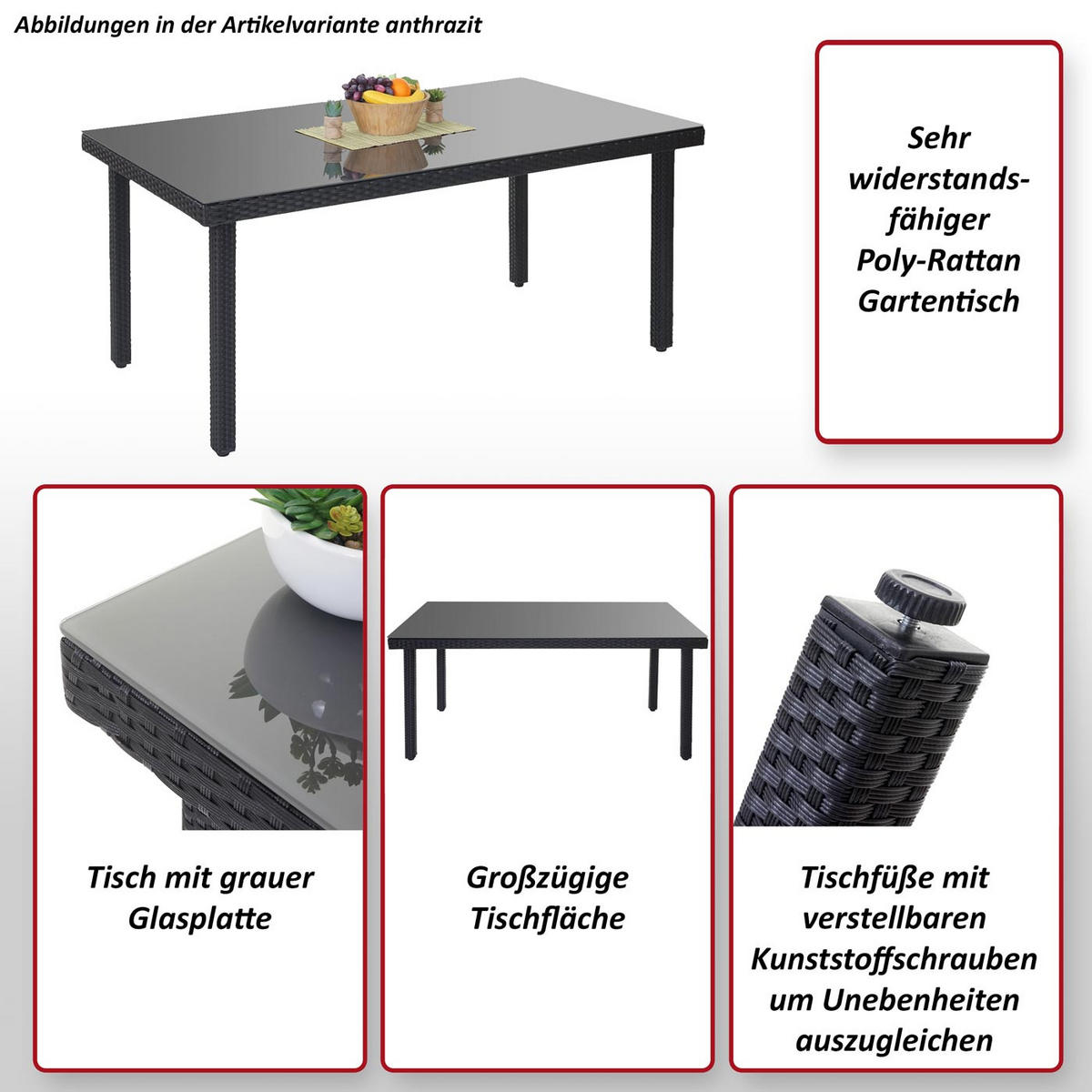 GARTENTISCH Mattis XL aus Poly-Rattan HxBxT 74,5x160x90cm Grau - Grau, Kunststoff (90/160/74.5cm) - PROREGAL