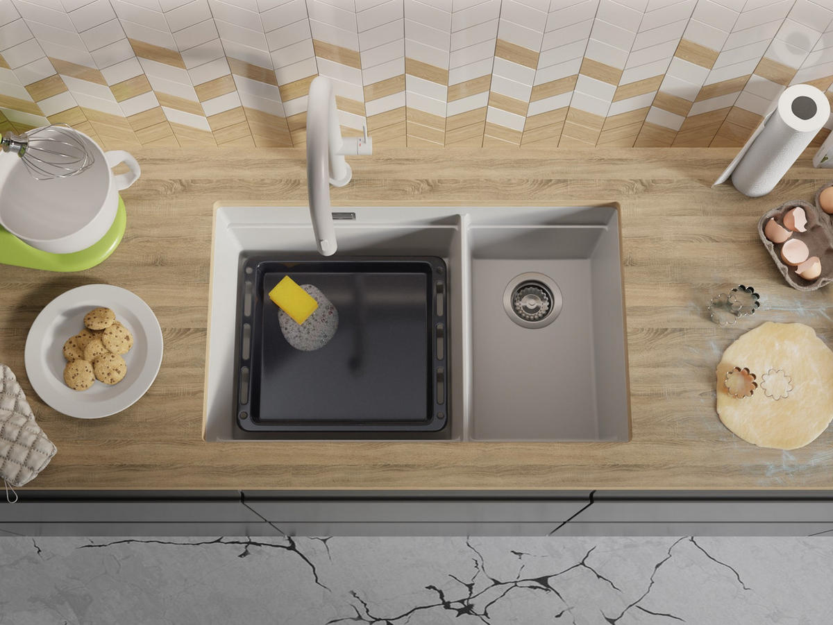 SPÜLBECKEN Praga Slim Duo, 2-er set Weiß 76/47 cm 2 Becken + Ablauf-Set + Aufrollbare Abtropffläche ab 80er Unterschrank - Chromfarben/Weiß, Kunststoff (76/20/47cm) - Primagran