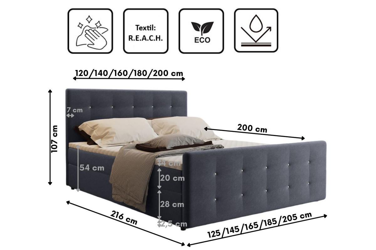 BOXBETT Mit Bettkasten Matratze Topper AMOR Dunkelgrau 180x200 cm H3-Bonell - Dunkelgrau, Holz/Textil (180/200cm) - Kaiser Möbel