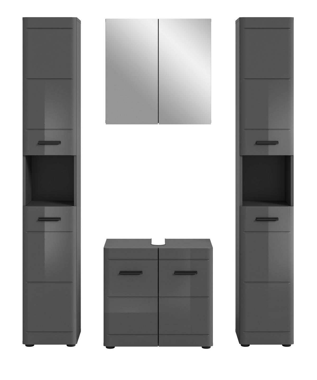 BADMÖBEL-SET grau Hochglanz 4-teilig, Komplettset mit Soft-Close - Grau, Glas/Holzwerkstoff (150/190/34cm) - Inn.Furn