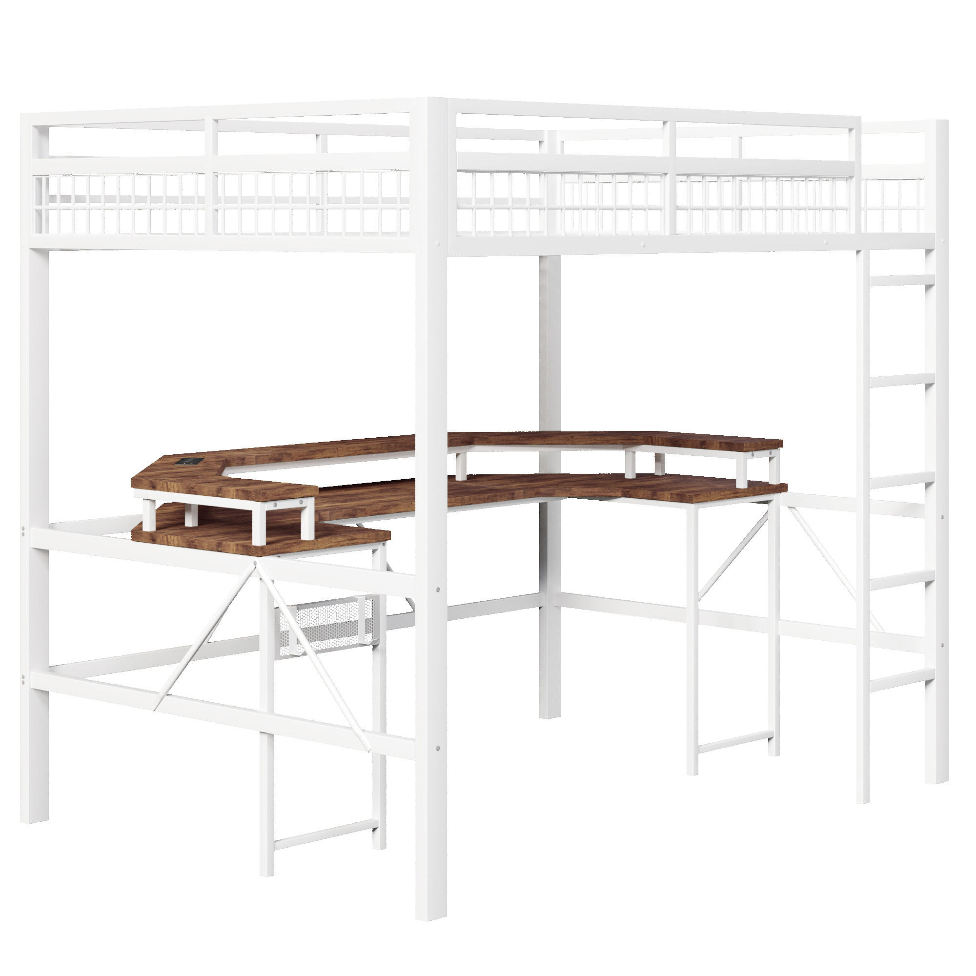 STILVORA HOCHBETT 140/200 cm in Weiß mit LED, Schreibtisch, USB/Type-C und Lochwand