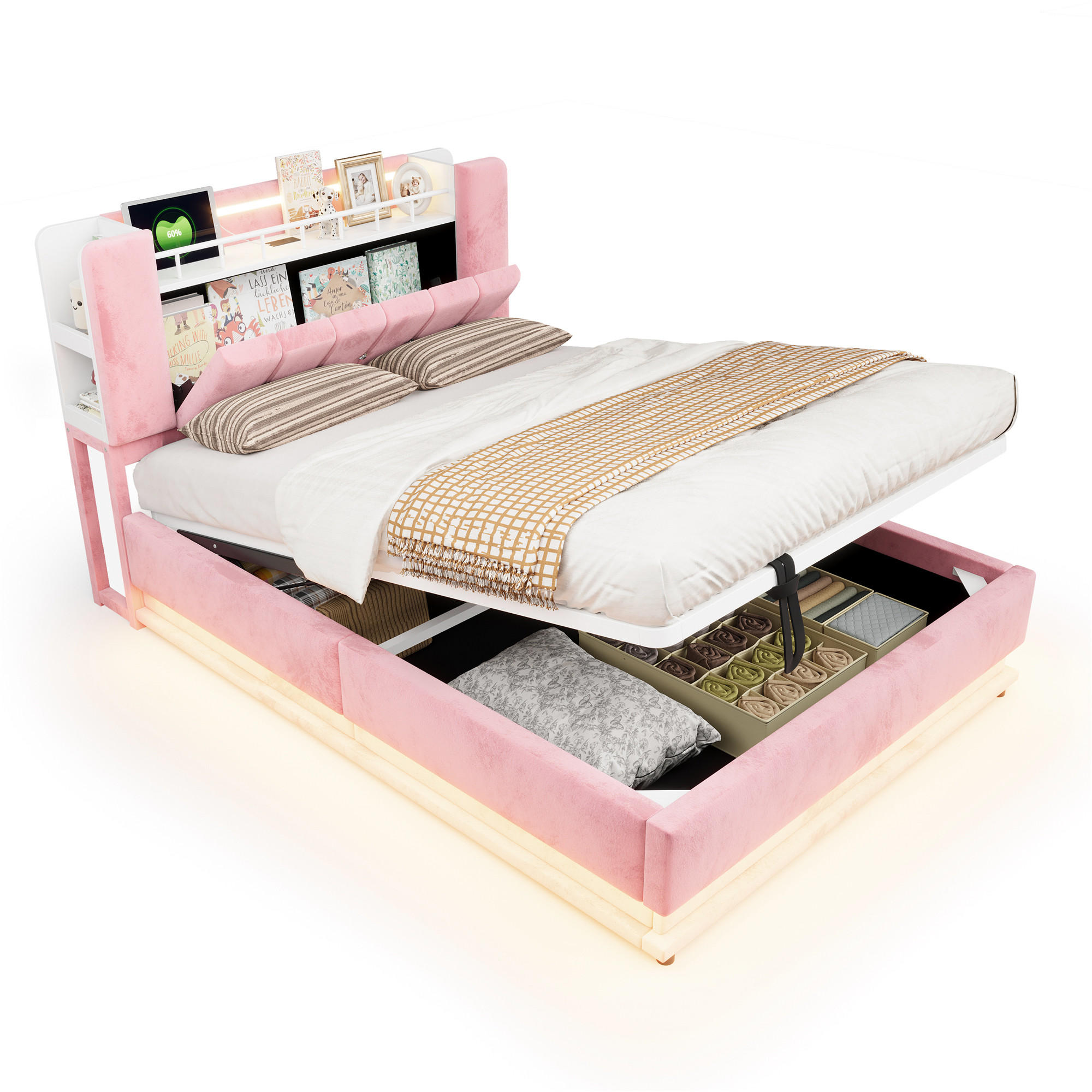 POLSTERBETT 140/200 mit Bettkasten, LED und USB-Anschlüssen in Rosa - Rosa, Holzwerkstoff/Textil (140/200cm) - EVRYAE
