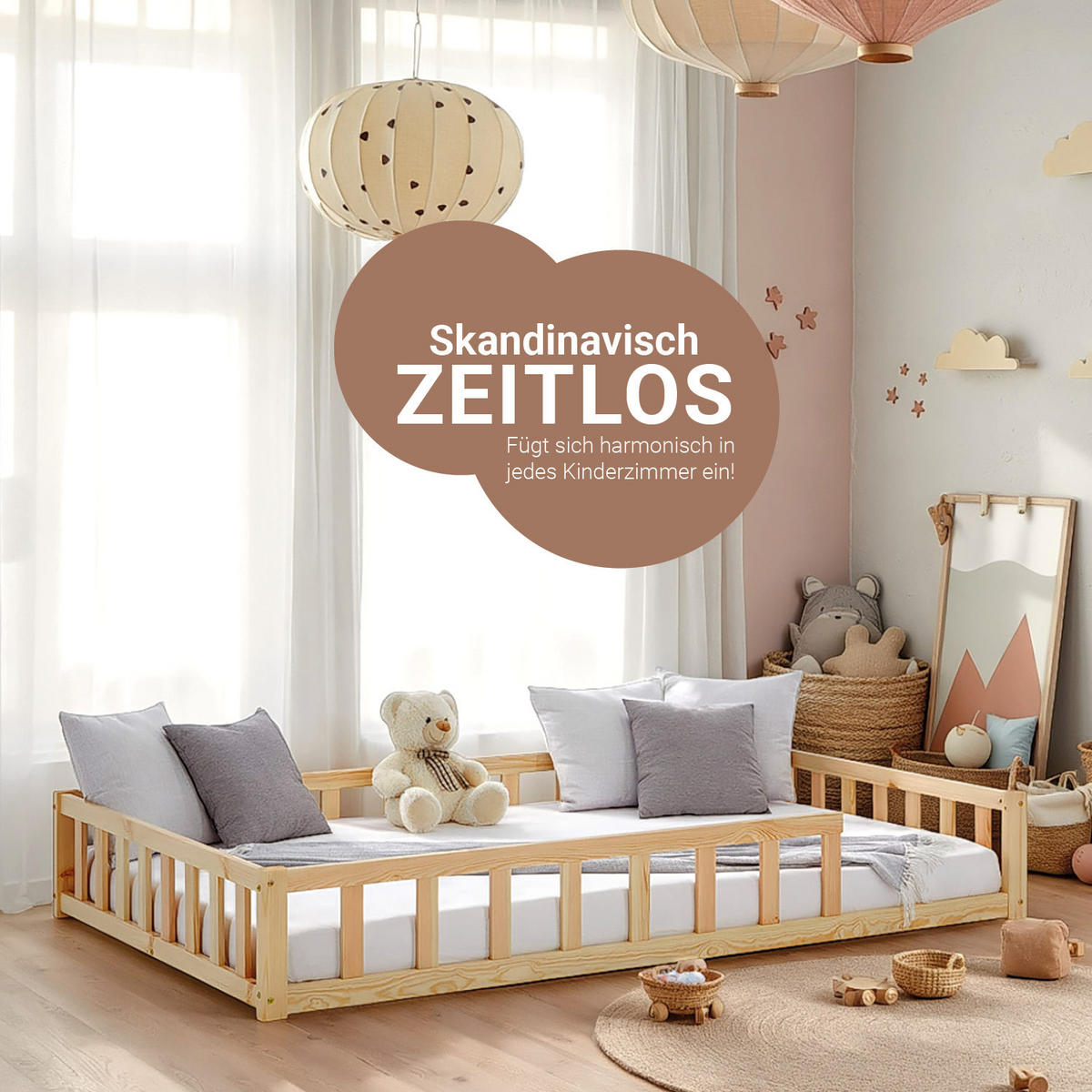 BODENBETT 120x200 cm Natur mit Lattenrost + Matratze - Naturfarben, Holz (90/200cm) - Homestyle4u