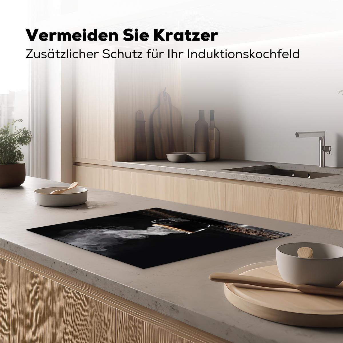HERDABDECKPLATTE Kaffee - Schwarz - Bohnen - Heiß - Tasse Herdabdeckung Induktionsfeld 65x52 cm - Schwarz, Kunststoff (65/52/0.2cm) - MuchoWow
