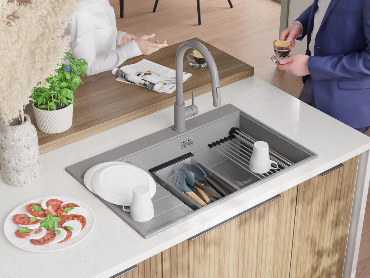 SPÜLBECKEN Sydney, 2-er set Grau 78/50 cm 1 Becken + Ablauf-Set + Küchenzubehörset ab 60er Unterschrank - Chromfarben/Beige, Kunststoff (78/20/50cm) - Primagran