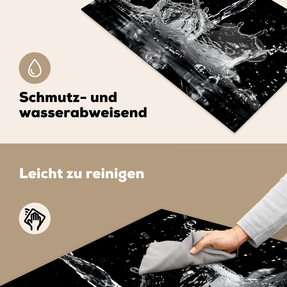 HERDABDECKPLATTE Wasser - Spritzwasser - Schwarz Induktionsmatte 81x52 cm - Schwarz, Kunststoff (81/52/0.2cm) - MuchoWow
