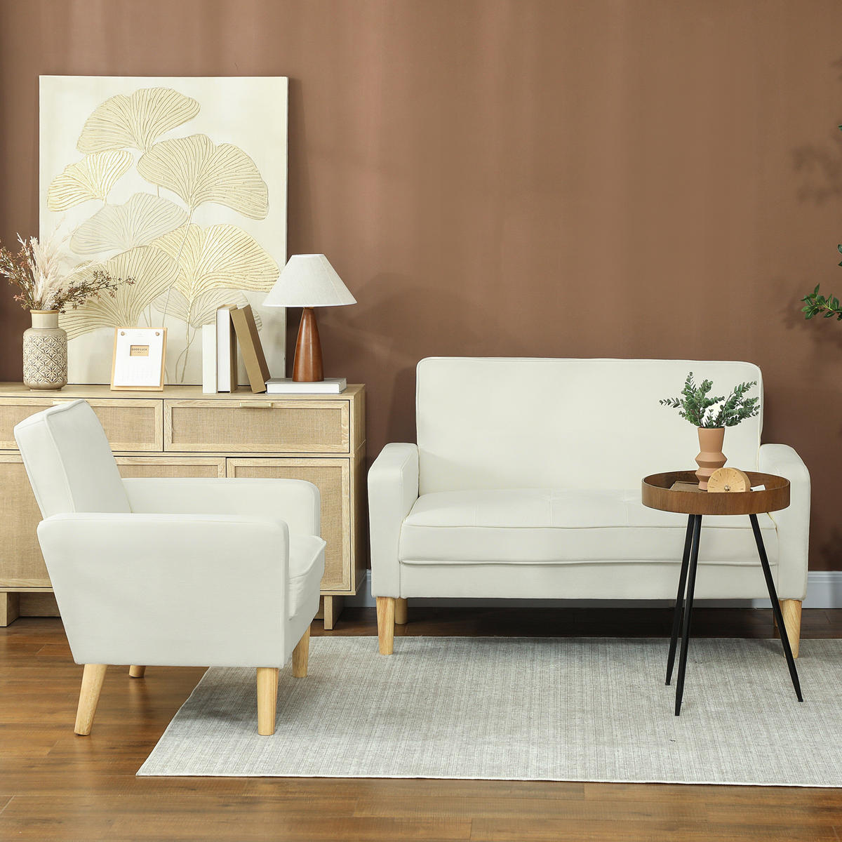 2-SITZER-SOFA DE-06494 Doppelsitzsofa mit Kautschukholzbeinen Cremeweiß - Creme, Holz/Textil (130/82/74.5cm) - ComfortXL