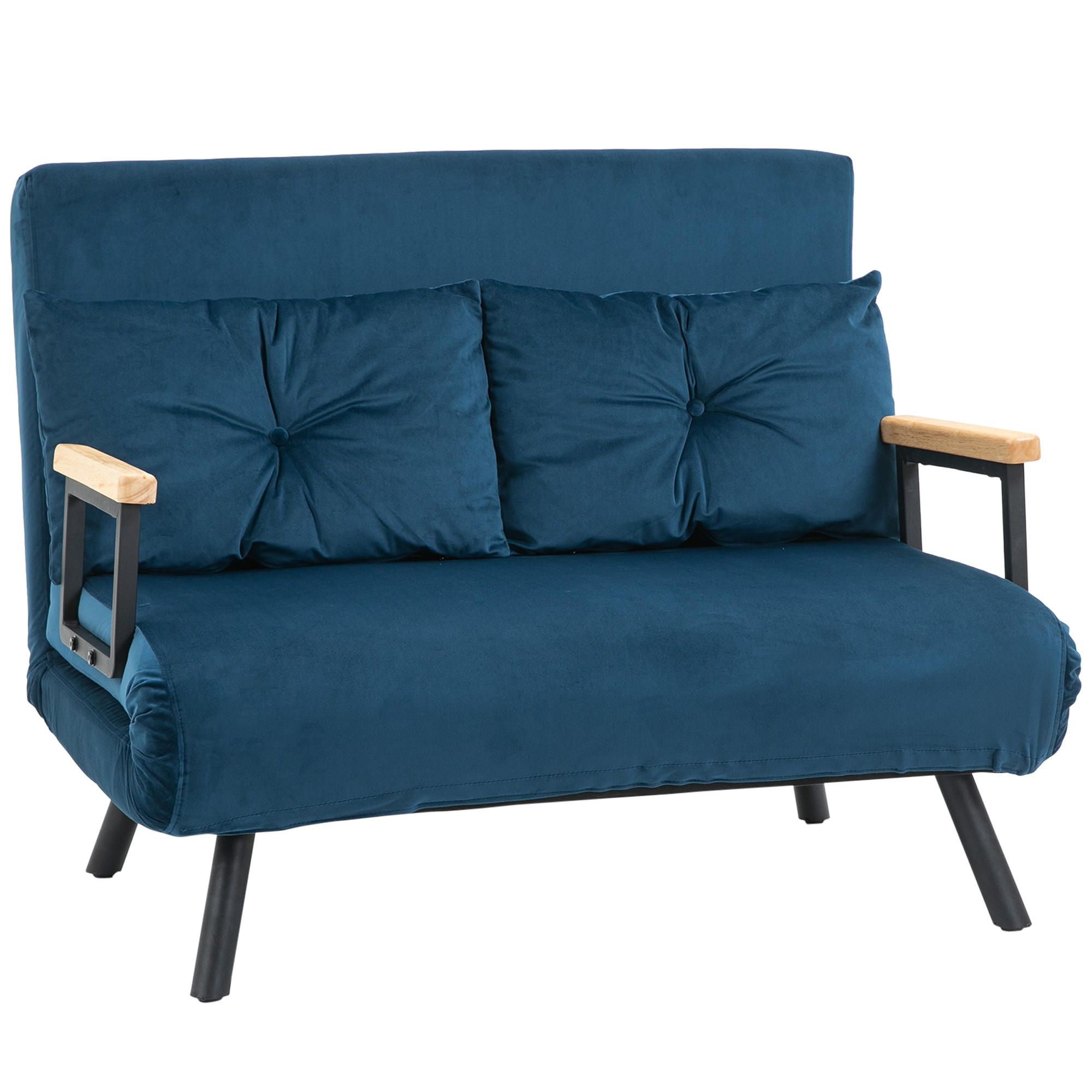 SCHLAFSOFA, Zweisitzer mit Bettfunktion, Schlafcouch mit Samtoptik, Rückenkissen - Blau/Schwarz, Holz/Textil (73/81/102cm) - HOMCOM