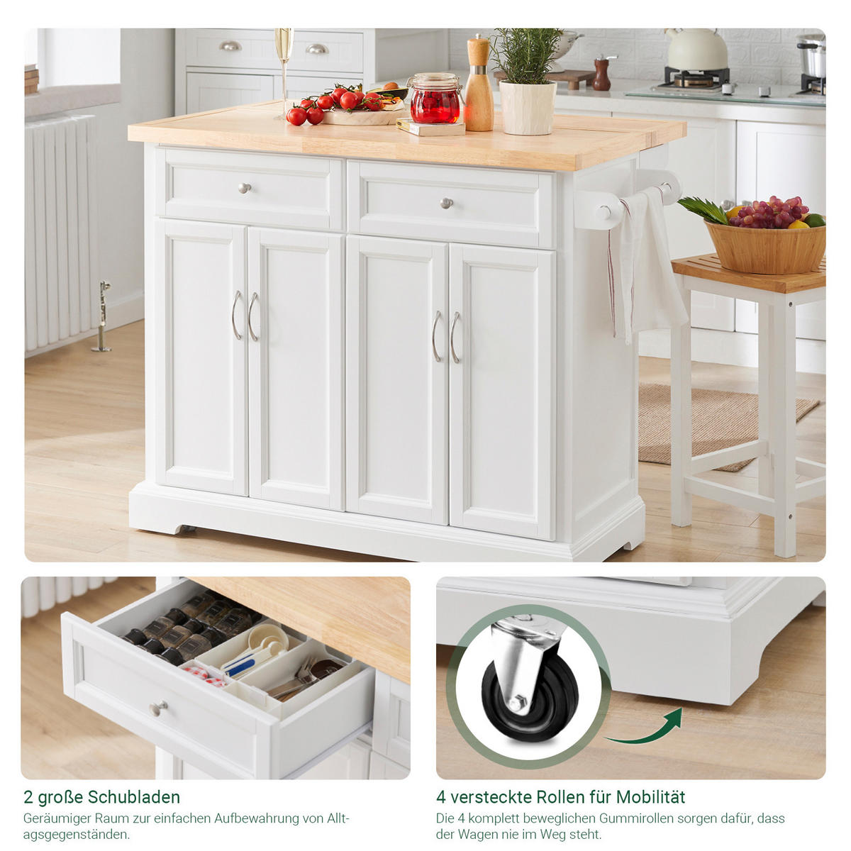 KÜCHENINSEL rollbar Weiß-Natur - Weiß, Holz/Holzwerkstoff (115/92/71cm) - SoBuy
