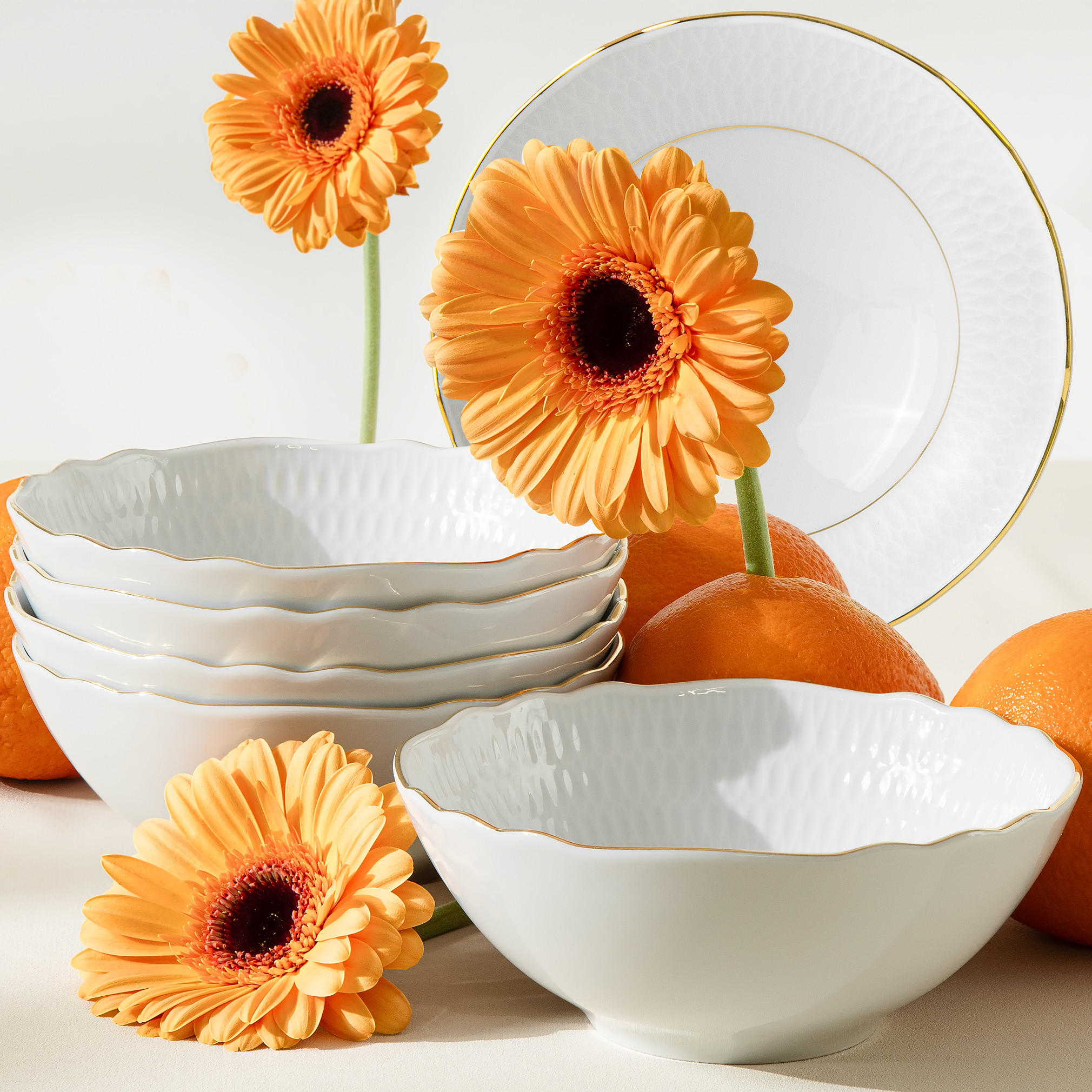 SALATSCHÜSSEL-SET CMIELOW SOFIA GOLD 6-tlg aus Porzellan - Weiß, Keramik - KONSIMO®