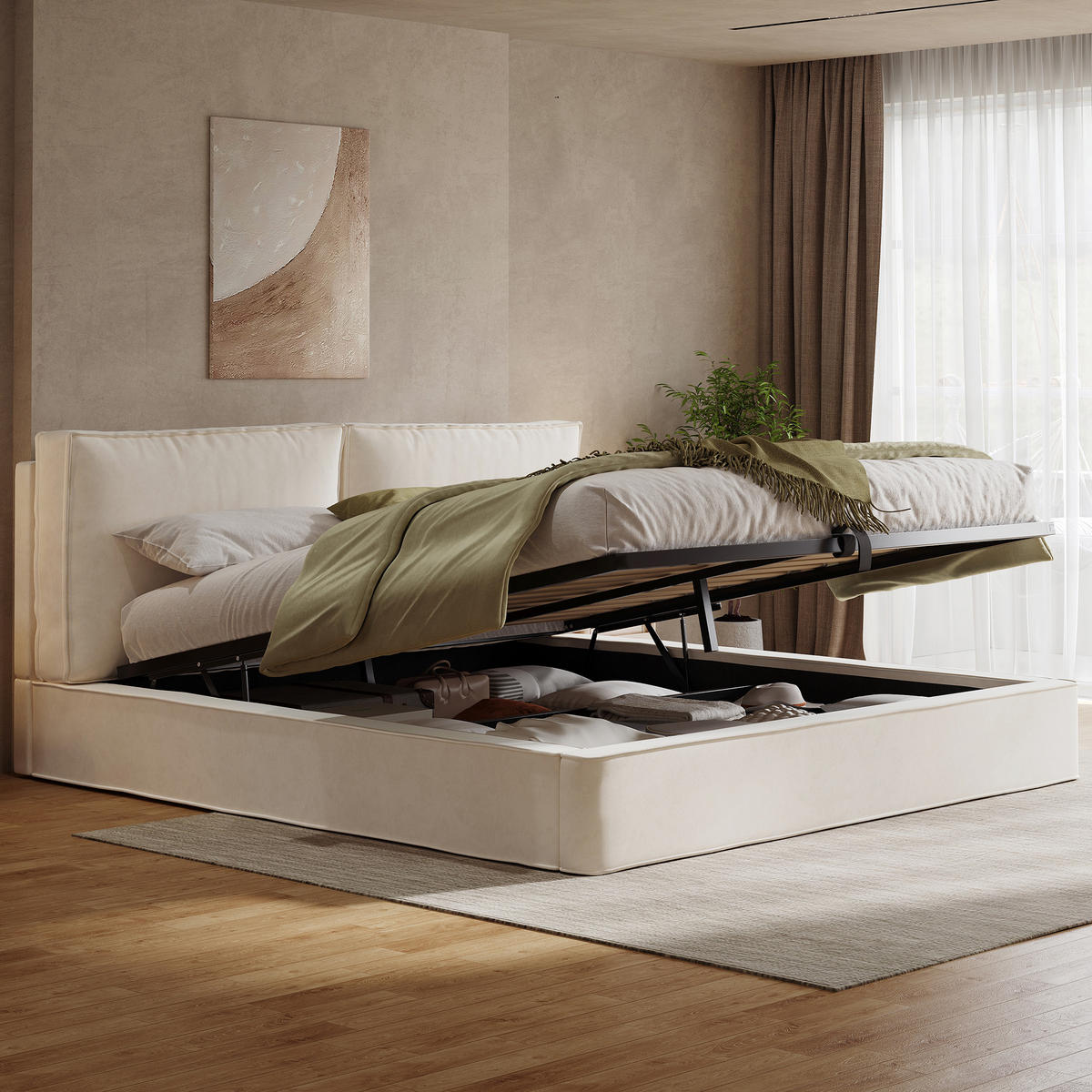POLSTERBETT 180/200 cm in Beige mit Bettkasten Samt im Blockdesign - Beige, Holzwerkstoff/Textil (180/200cm) - STILVORA