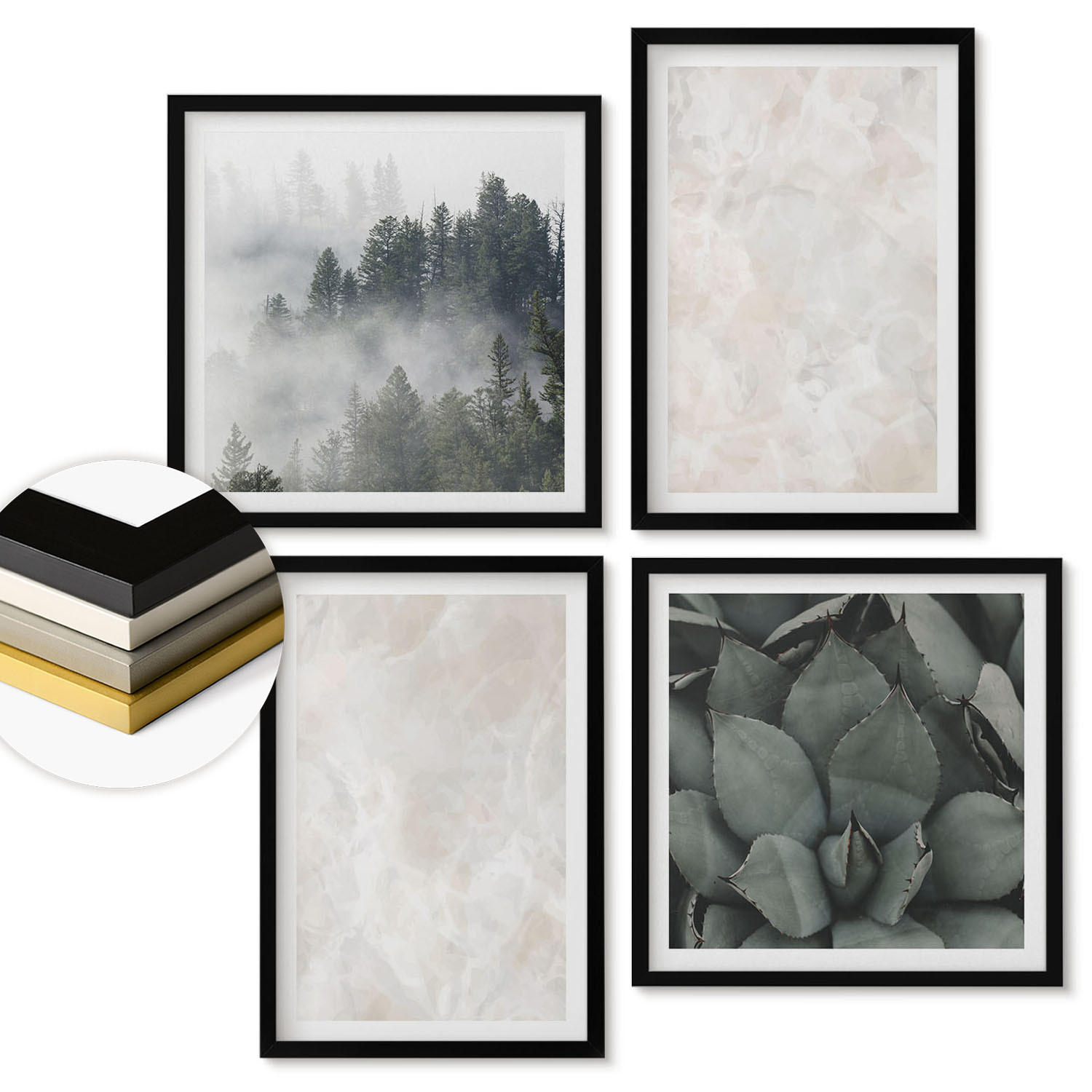 WANDBILDER 4er-Set - 50x50 cm & 40x60 cm Schwarzer Rahmen - Steinpastellmarmor - Schwarz, Kunststoff (50/50cm) - ArtPrintCave