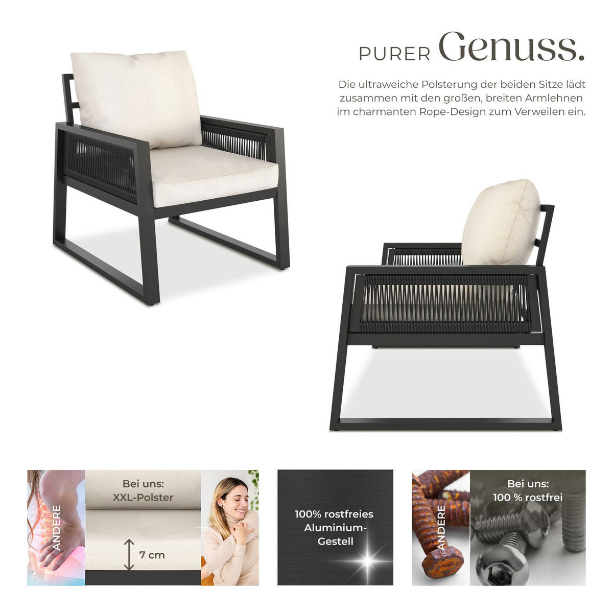 ALUMINIUM GARTEN-LOUNGE SET Captive, höhenverstellbare Füße, anthrazit - Anthrazit, Kunststoff/Metall - tectake