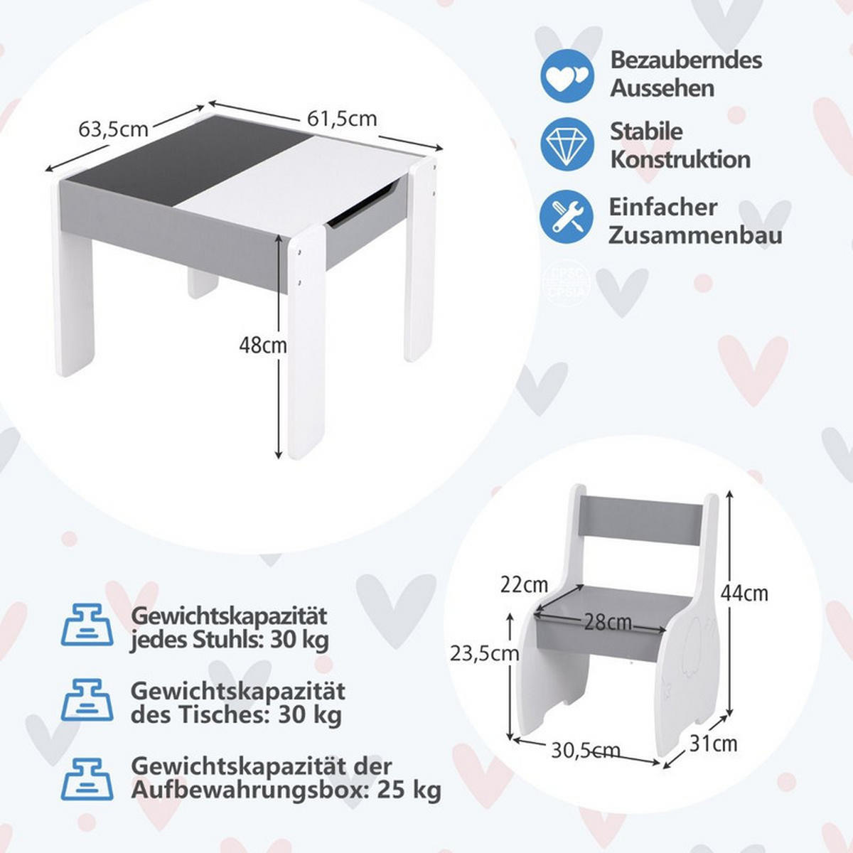 KINDERTISCH mit Stuhl hellgrau(3-tlg) - Hellgrau, Holzwerkstoff (63.5/48/61.5cm) - COSTWAY