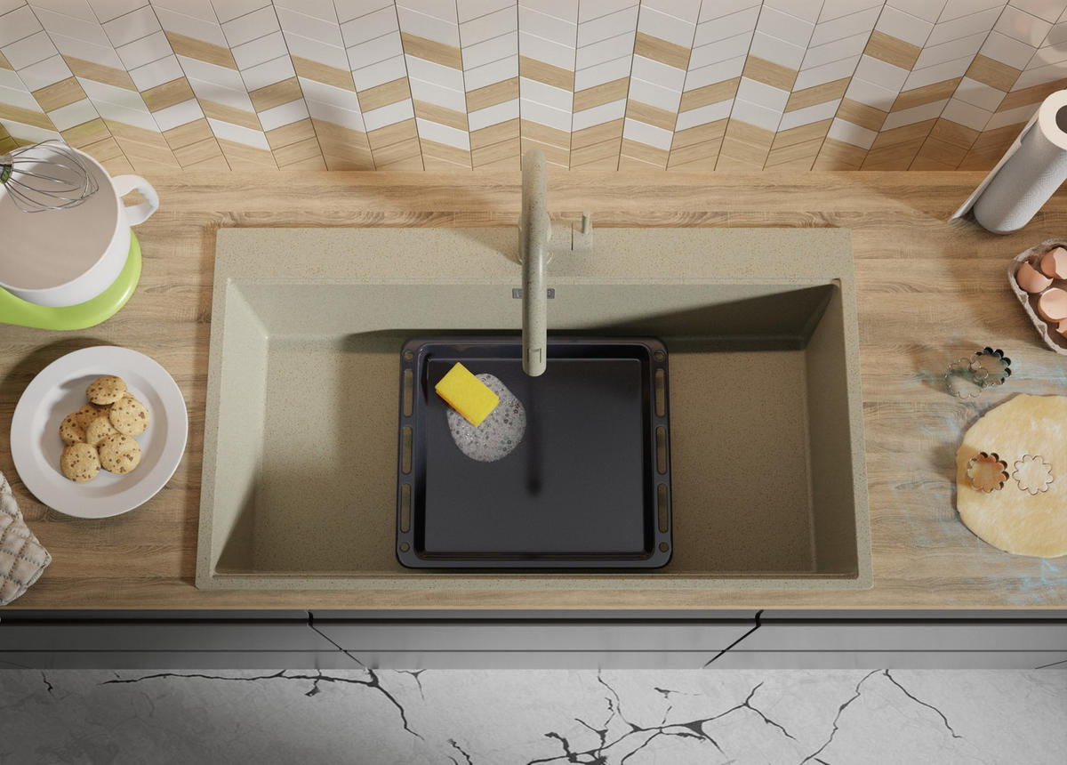 SPÜLBECKEN Oslo, 2-er set Beige 88/50 cm 1 Becken + Ablauf-Set + Schneidebrett ab 90er Unterschrank - Chromfarben/Beige, Kunststoff (88/20/50cm) - Primagran