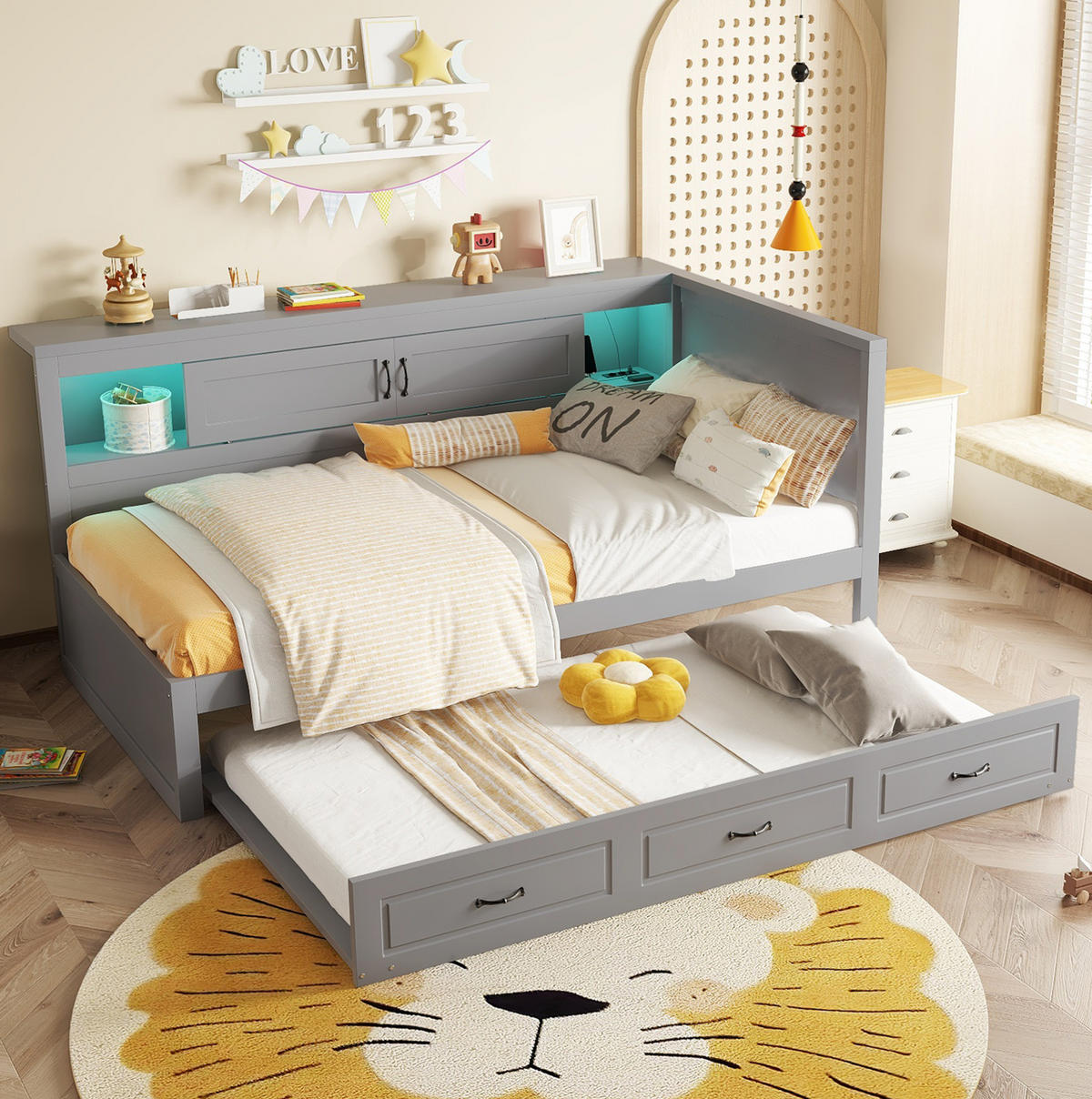 POLSTERBETT aus Spanplatte & MDF 90x200 cm in Grau mit LED, Ausziehbett & USB - Grau, Holzwerkstoff (90/200cm) - Modfu