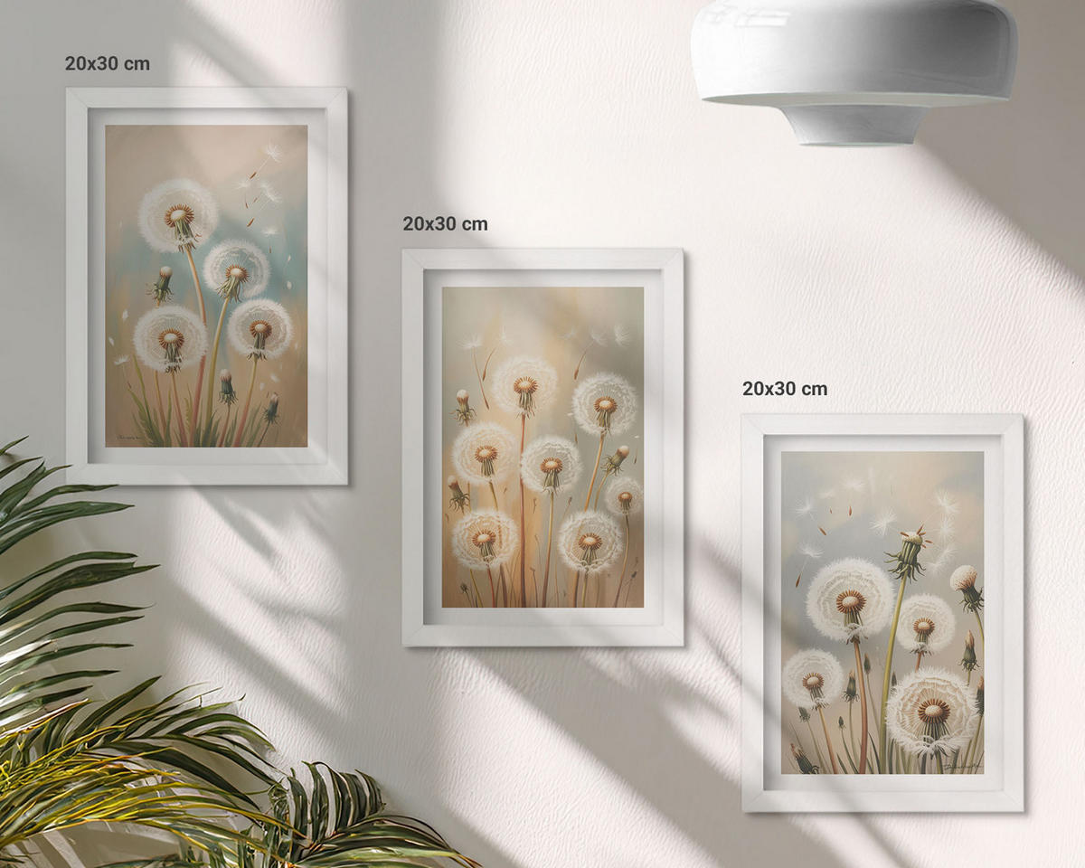 BILDER SET 3er Set - 20x30 cm Weißer Rahmen - Pastellfarbene Löwenzahnblüten - Weiß, Kunststoff (20/30cm) - TULUP