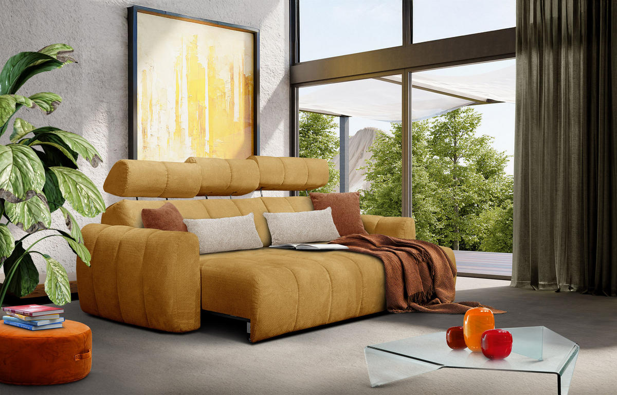 ECKSOFA KIMI 3-Sitzer, ausziehbarer Sitz, verstellbare Kopfstützen, senfgelb - Gelb/Schwarz, Holzwerkstoff/Textil (270/160cm) - Courtois Laville