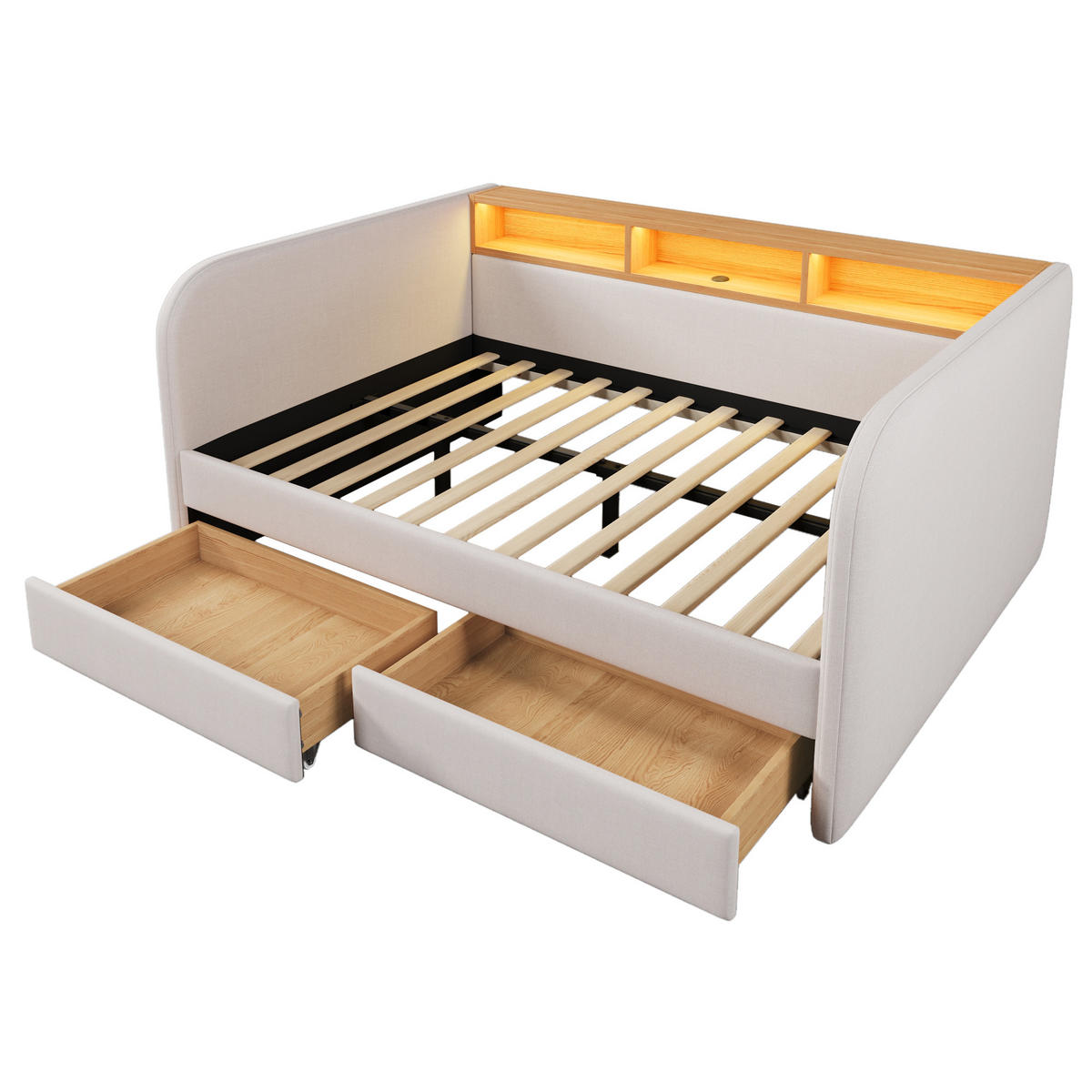 POLSTERBETT 140/190 cm Hellbeige mit LED und USB-C-Anschlüssen - Beige, Textil (140/190cm) - OKWISH