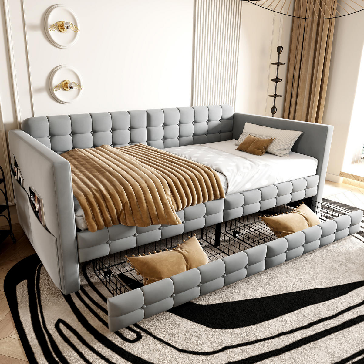 POLSTERBETT 90x190cm Schlafsofa Samt Stauraum Schubladen Grau - Hellgrau, Textil (90/190cm) - FLIEKS