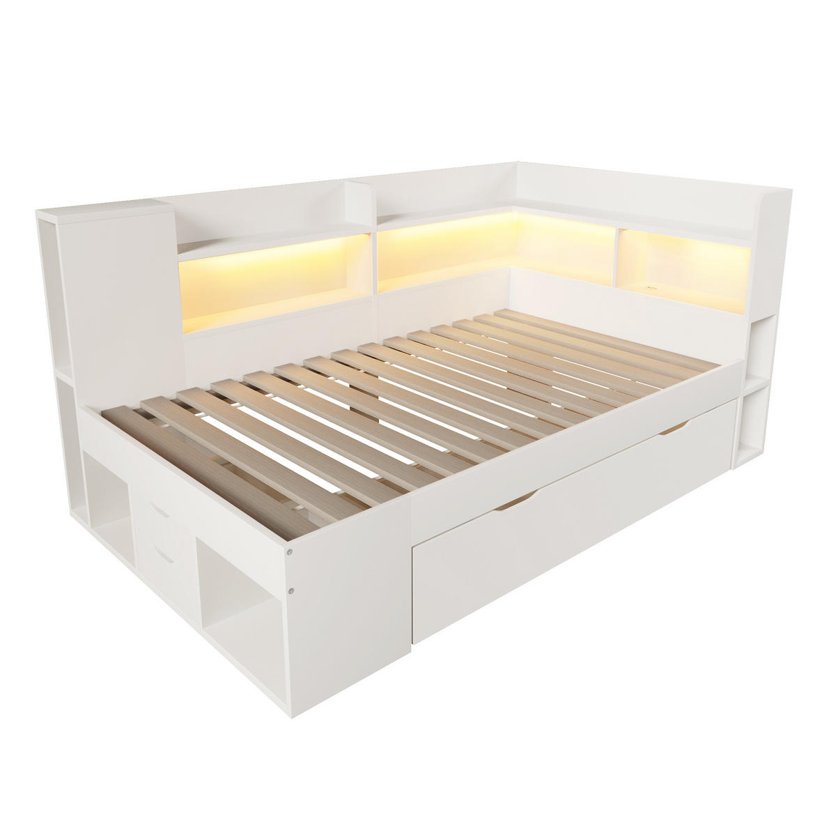 POLSTERBETT 90x190 cm in Weiß mit LED & USB-C Ladestation - Weiß, Holzwerkstoff (90/190cm) - Modfu