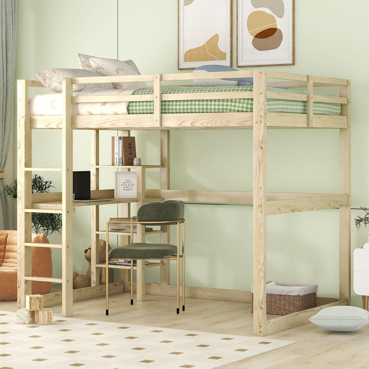 HOCHBETT 140/200 cm mit Schreibtisch, 4 Ablagefächern und Stauraum aus Kiefer , Natur - Naturfarben, Holzwerkstoff (140/200cm) - Redom
