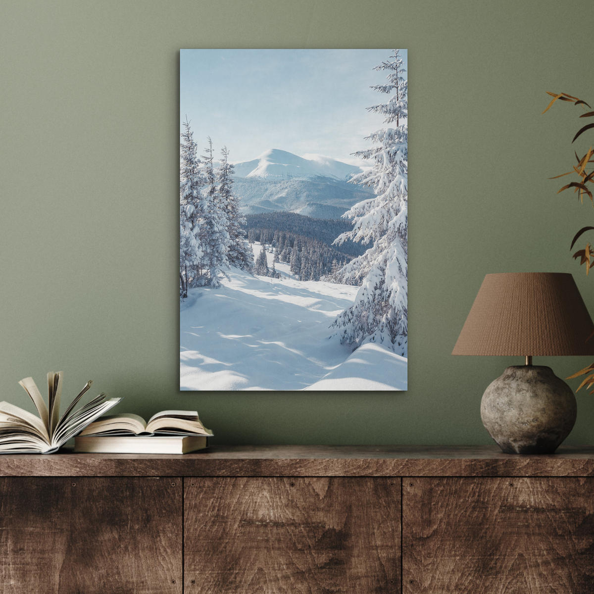 AKUSTIKBILD Winterlandschaft - Natur - Berge - Bäume - Schnee Kunstdruck Schlafzimmer 50x70 cm - Hellblau, Kunststoff (50/70/0.9cm) - MuchoWow
