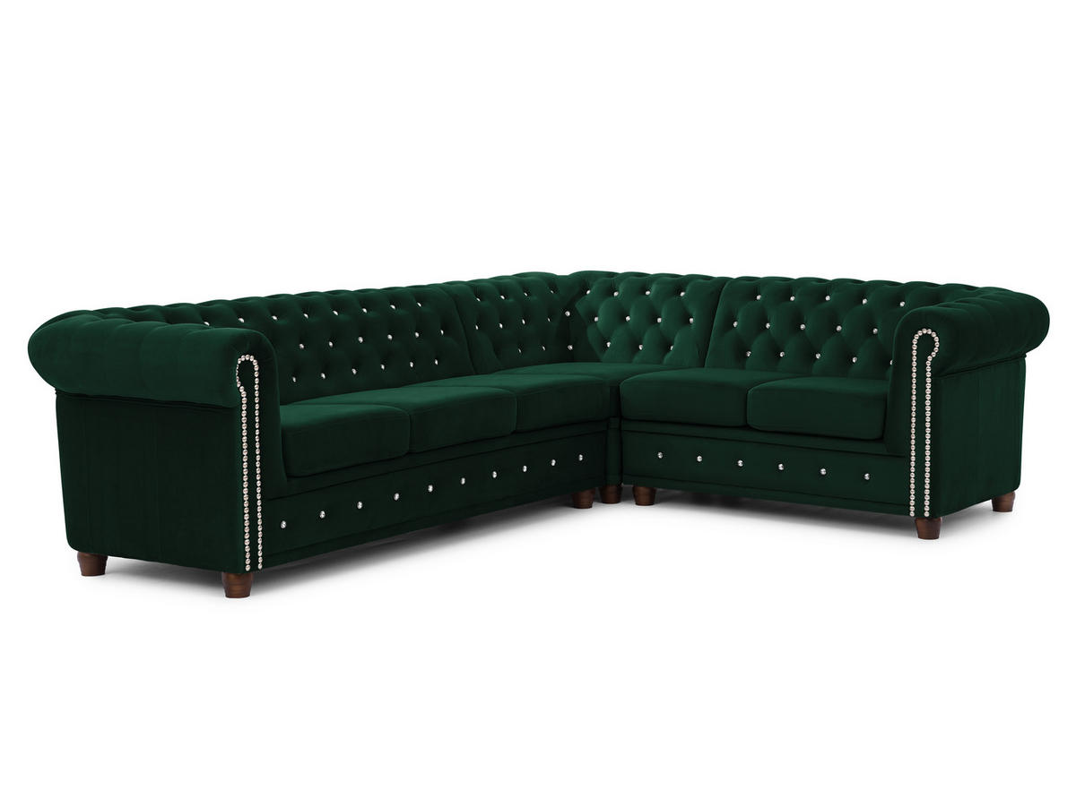 ECKSOFA Chesterfield Cleo Blink Flasche Grün Samt mit Kristallsteppung und braunen Massivholzfüßen - Ottomane Rechts - Braun/Grün, Holz/Textil (264/210cm) - S-Style Möbel