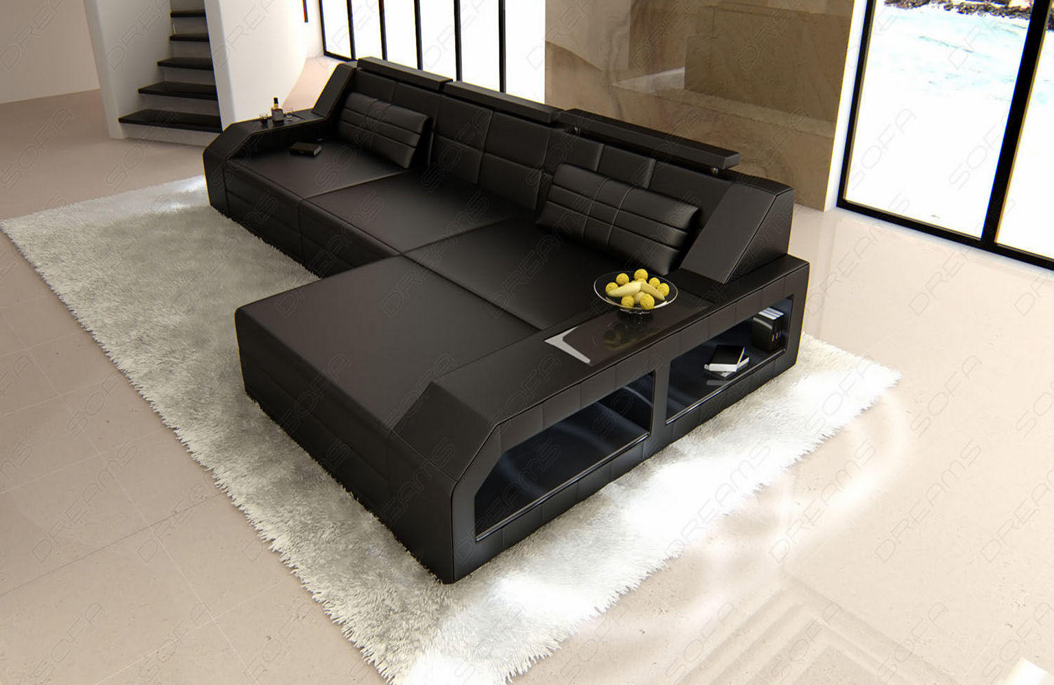 ECKSOFA Arezzo L - Schwarz, Leder (308/194cm) - Sofa Dreams