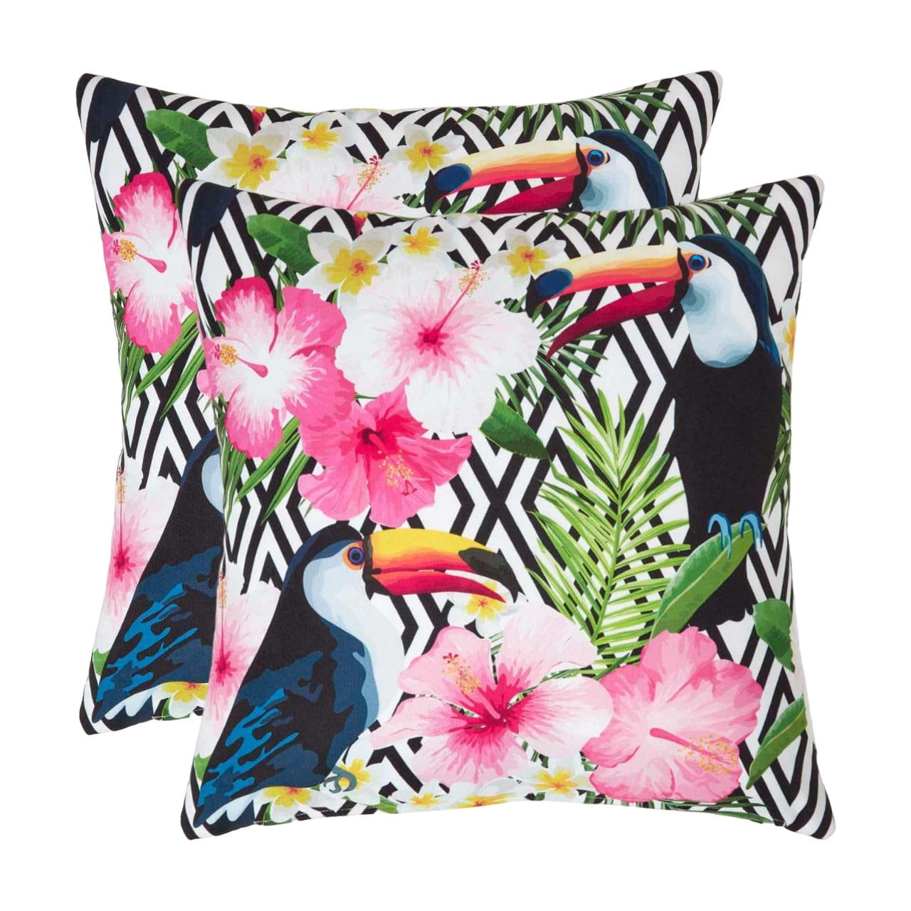 OUTDOOR-KISSEN 2er-Set 45/45 cm – Tukan & Blumen - Multicolor, Textil (45/45cm) - Homescapes