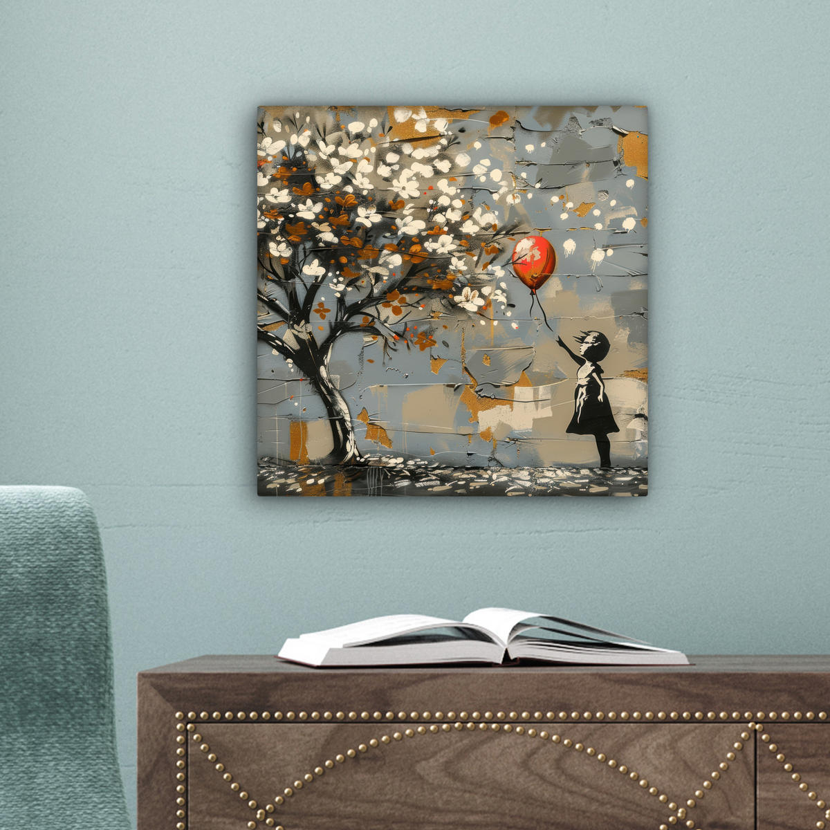 LEINWANDBILD Baum - Graffiti - Banksy-Stil - Ballon-Mädchen 20x20 cm - Blaugrau, Textil (20/20cm) - MuchoWow