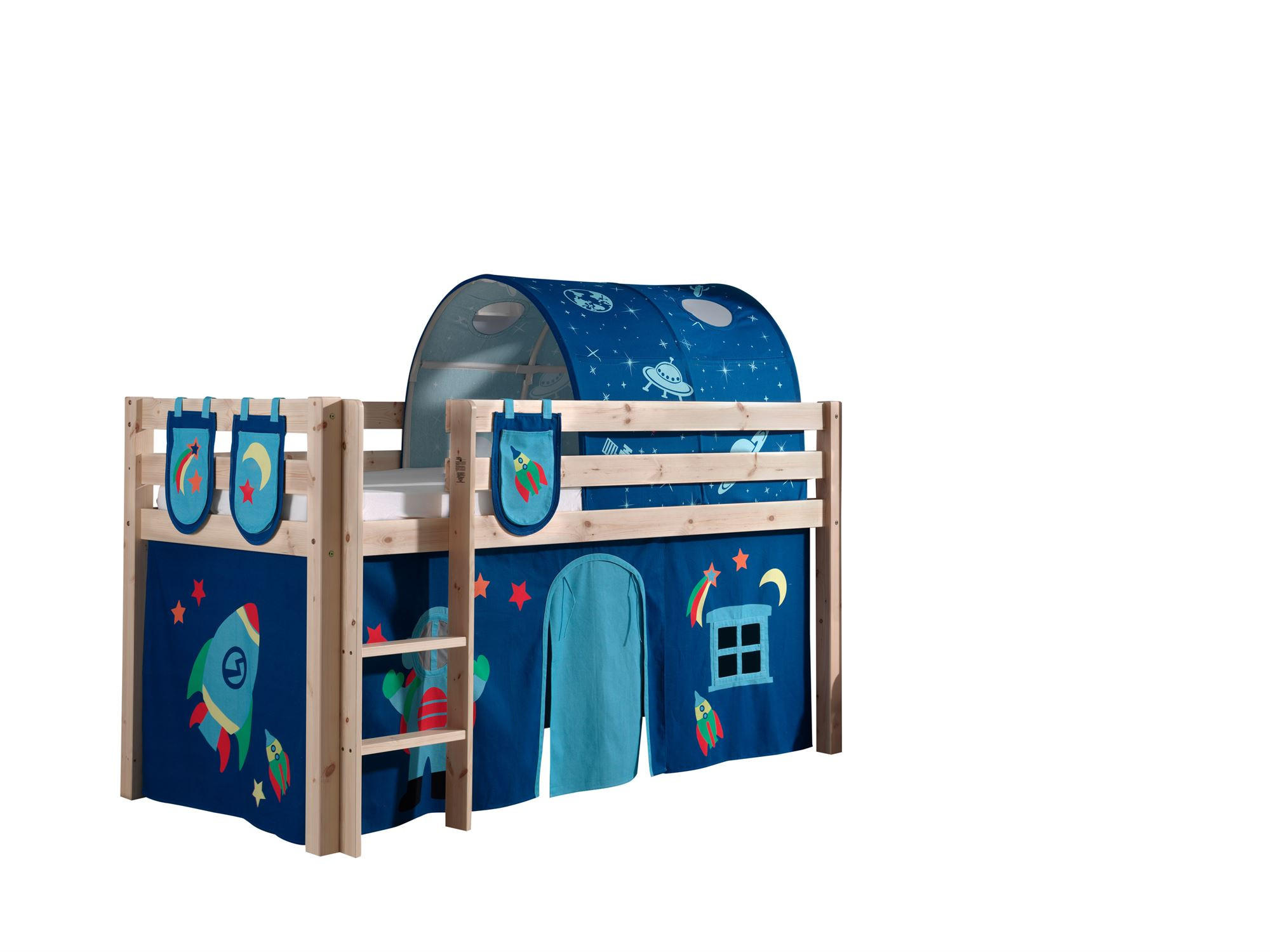 KINDERBETT Karolina 210x114x106 Massivholz Natur Textilset Astro 4 - Blau/Kieferfarben, Holz (90/200cm) - 58aufmkessel
